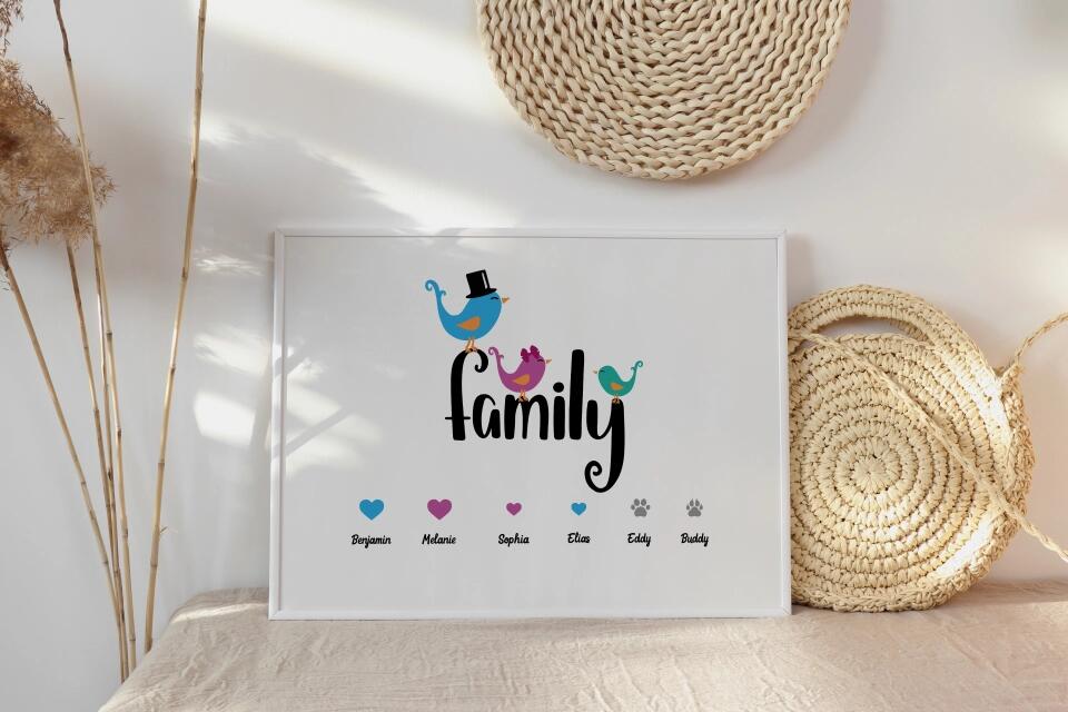 Personalisiertes Familienbild "Family" mit Herz • Mit Namen, Hund & Katze • Geschenk für Familie und Haustierliebhaber