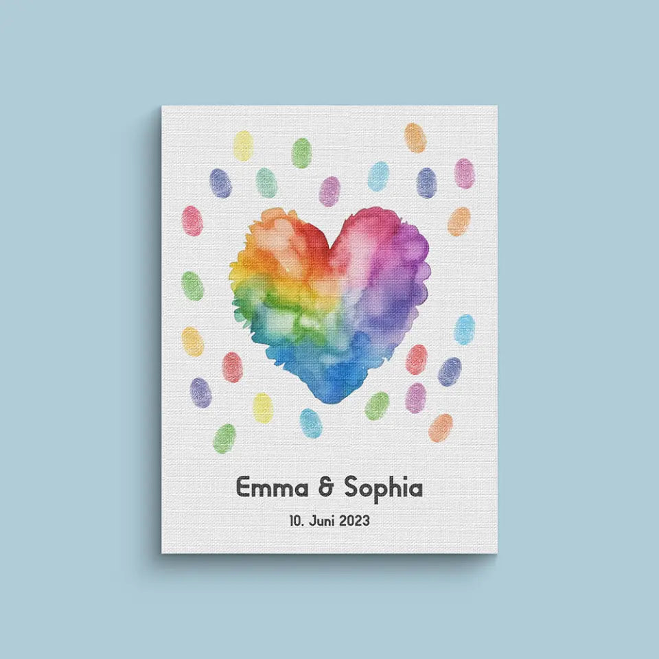 Fingerabdruck Gästebuch zur LGBTQ Hochzeit von lovely Art als Poster mit buntem Herz und Namen