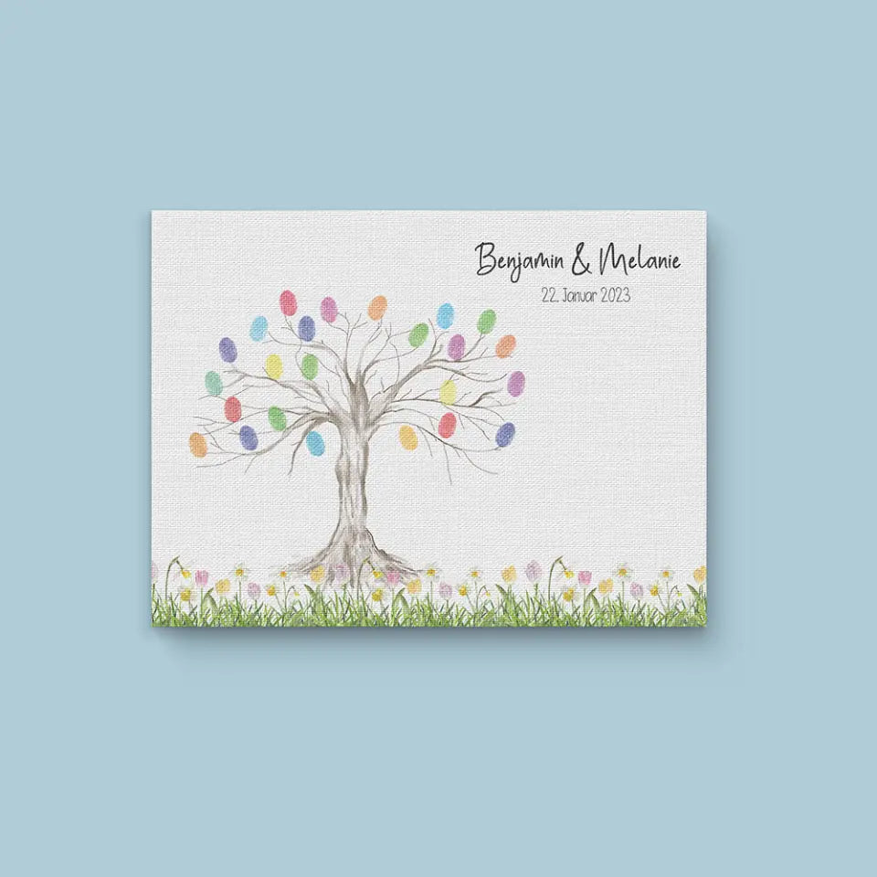 Fingerabdruck Baum zur Hochzeit von lovely Art als Gästebuch Poster im Querformat mit bunten Fingerabdrücken