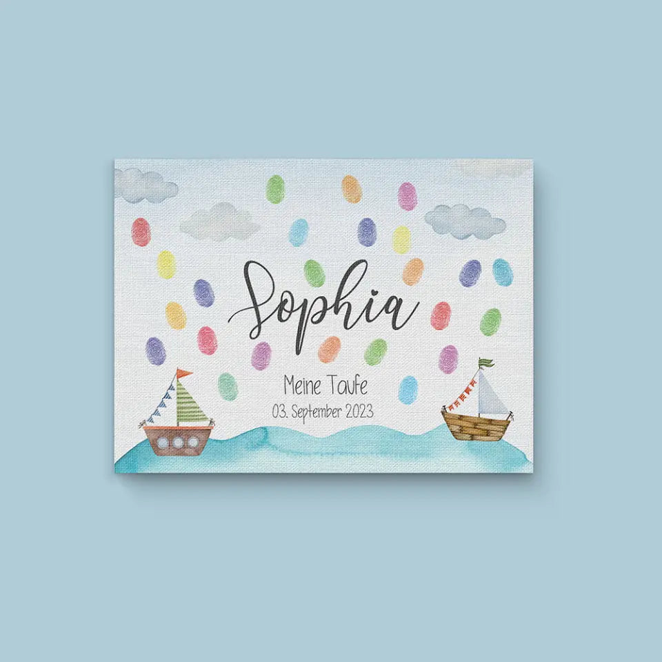 Fingerabdruck Gästebuch zur Taufe • Personalisiertes Taufposter mit Schiffen auf dem Meer • Erinnerung mit Name und Datum