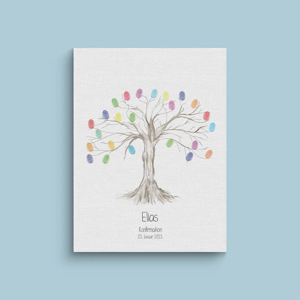 Fingerabdruck Baum Gästebuch • Personalisiertes Poster für Kommunion, Konfirmation, Taufe oder Geburtstag • Erinnerung mit Name und Datum