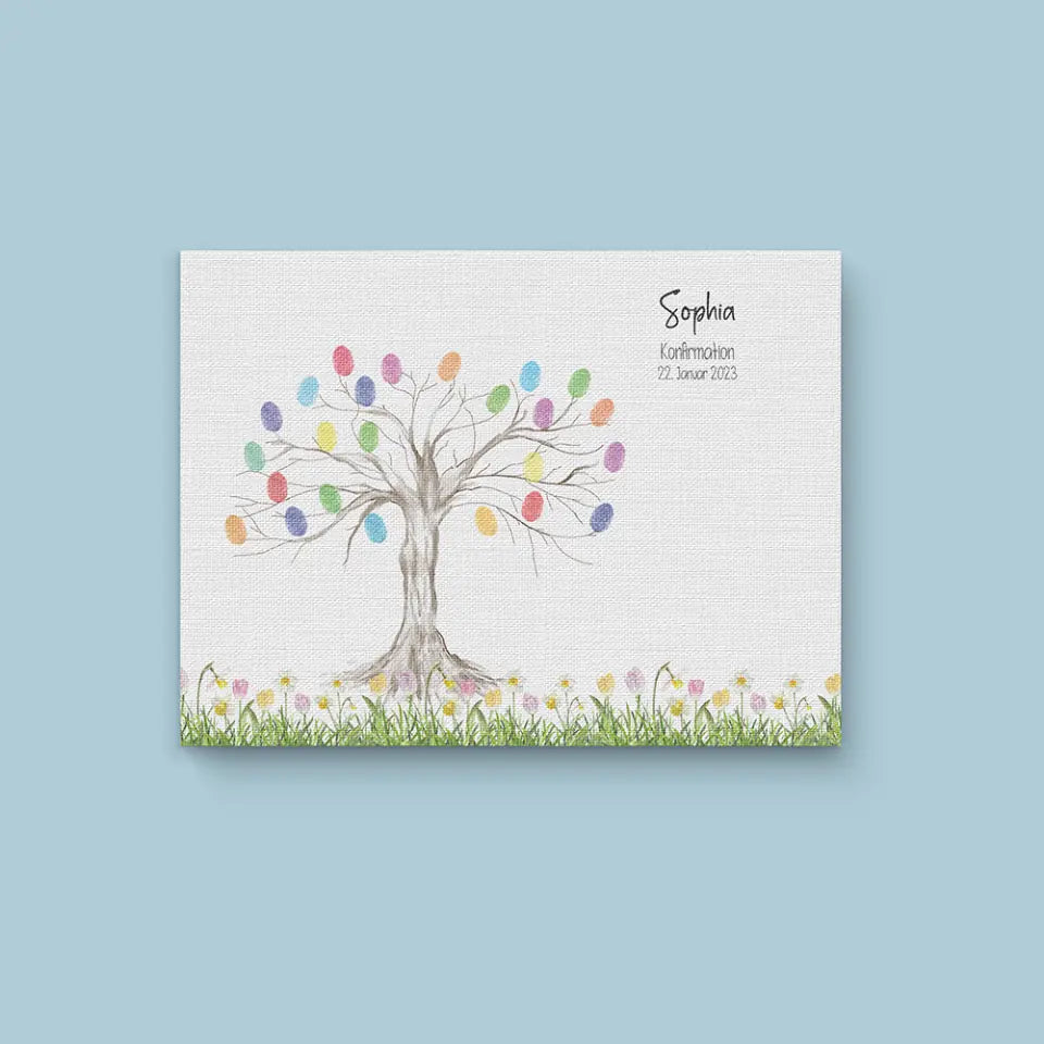 Personalisiertes Fingerabdruck Poster • Baum Motiv für Kommunion, Konfirmation, Taufe oder Geburtstag • Mit Namen und Datum