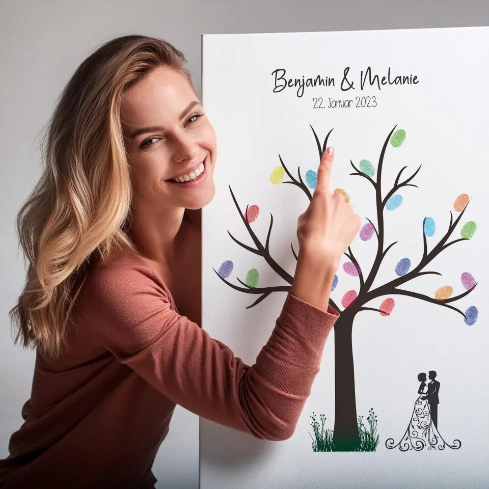 Fingerabdruck Baum Gästebuch zur Trauung • Personalisiertes Poster mit Namen & Datum • Erinnerung und Unterschriftenbaum