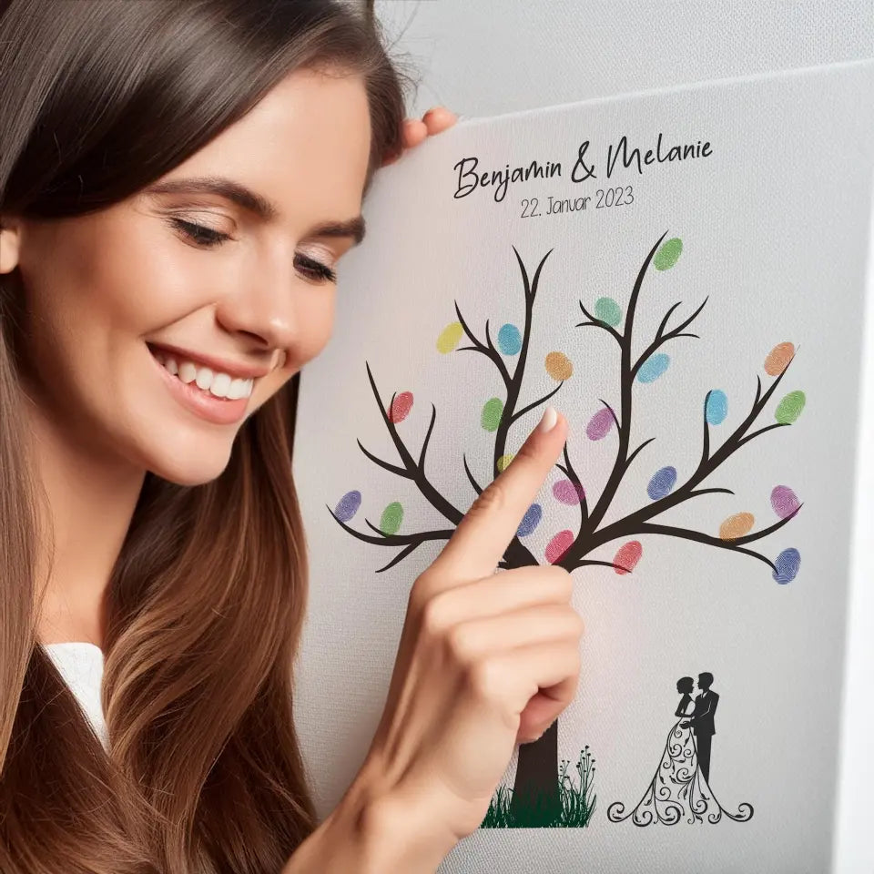 Fingerabdruck Baum Gästebuch zur Trauung • Personalisiertes Poster mit Namen & Datum • Erinnerung und Unterschriftenbaum