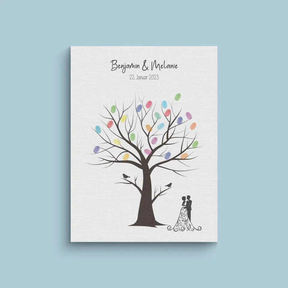 Fingerabdruck Baum Hochzeit von lovely Art als Gästebuch Poster mit Vögeln, Namen und Datum, Leinwand