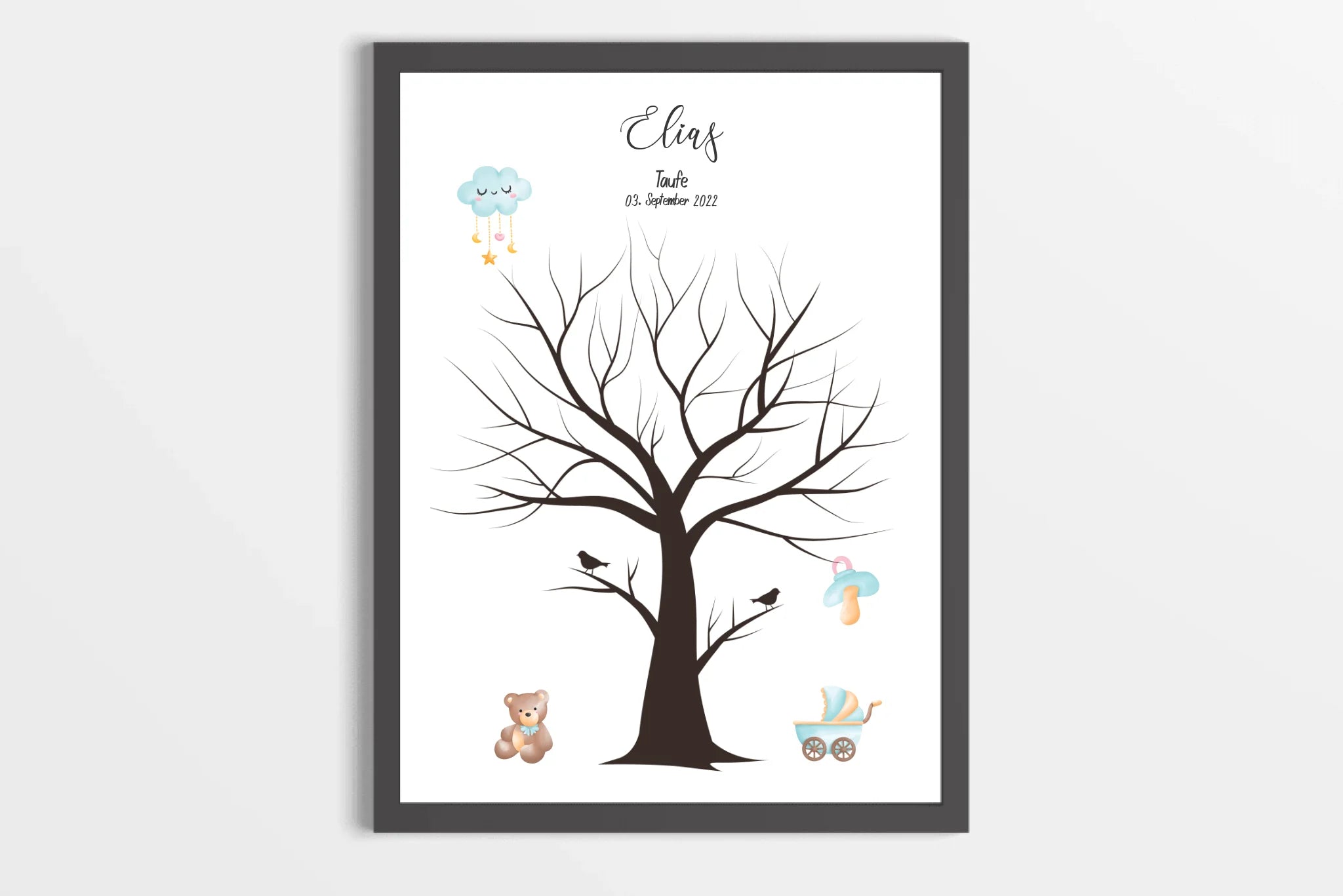 Fingerabdruck Baum zur Taufe mit zwei Vögeln • Personalisiertes Taufposter für Jungen & Mädchen • Gästebuch als liebevolle Erinnerung