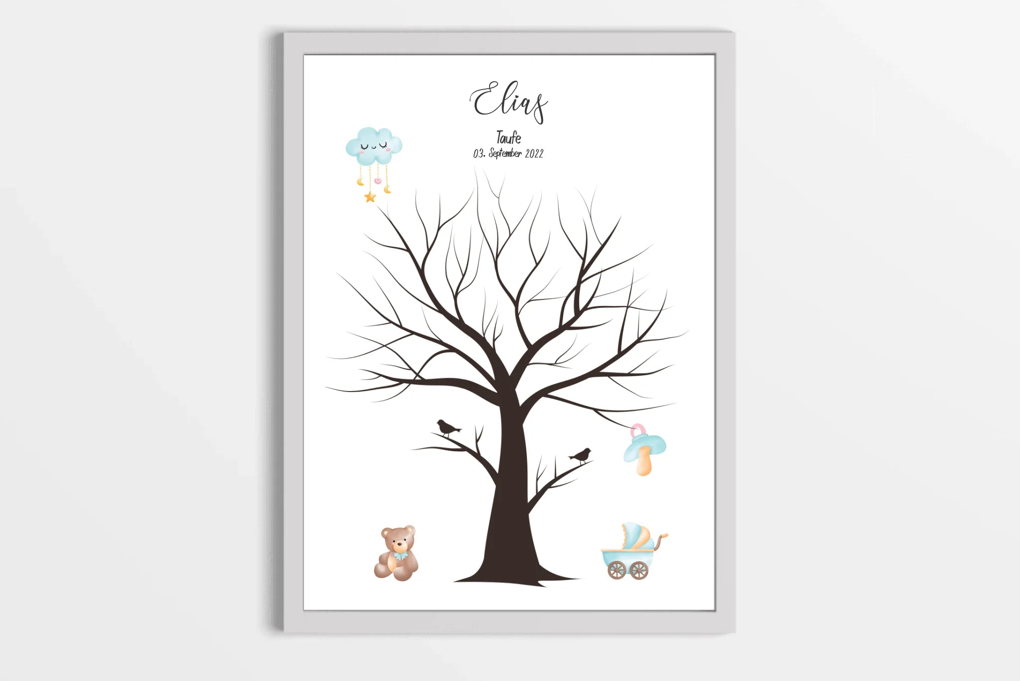 Fingerabdruck Baum zur Taufe mit zwei Vögeln • Personalisiertes Taufposter für Jungen & Mädchen • Gästebuch als liebevolle Erinnerung