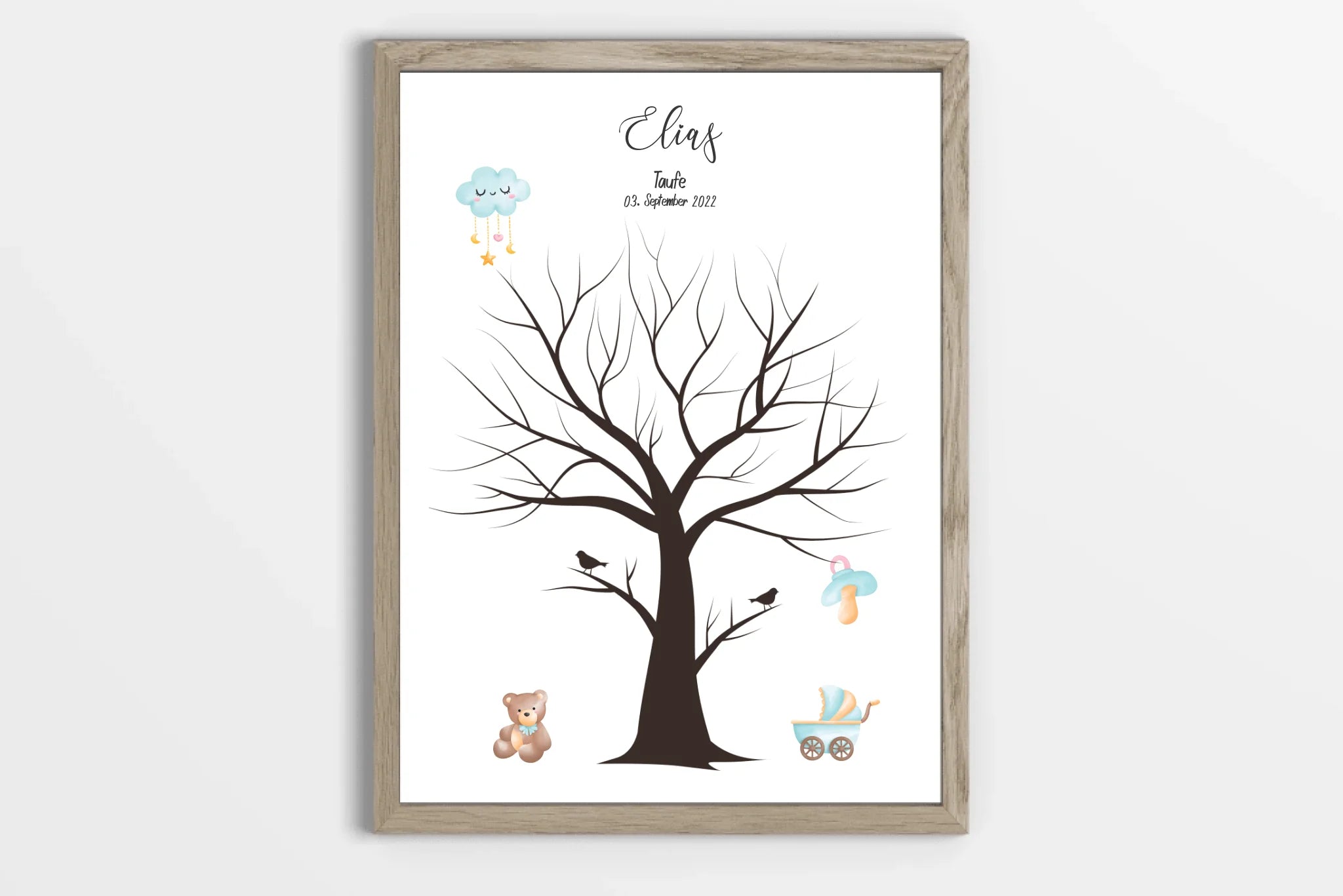 Fingerabdruck Baum zur Taufe mit zwei Vögeln • Personalisiertes Taufposter für Jungen & Mädchen • Gästebuch als liebevolle Erinnerung