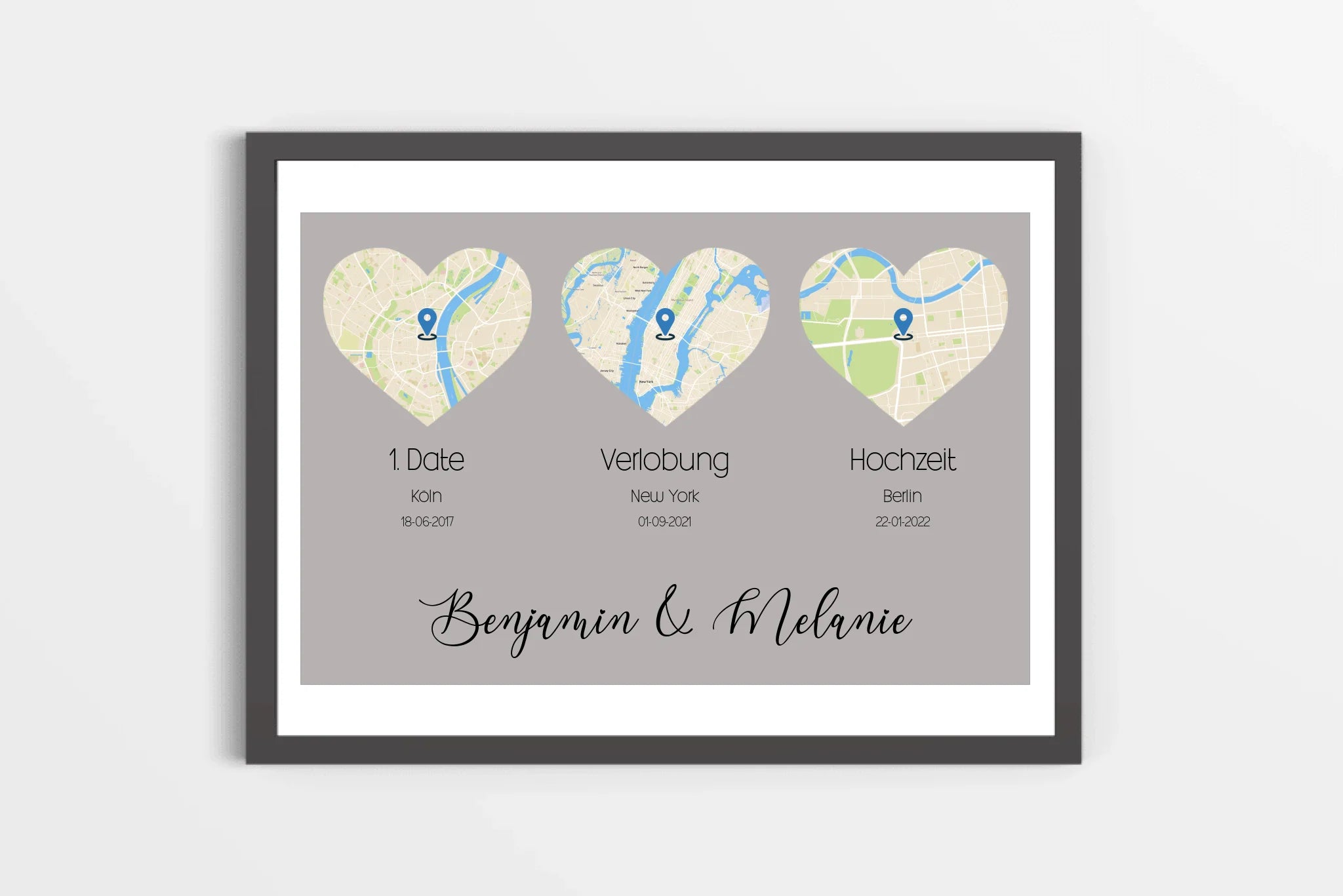 personalisiertes Karten Poster mit Herz - drei Orte