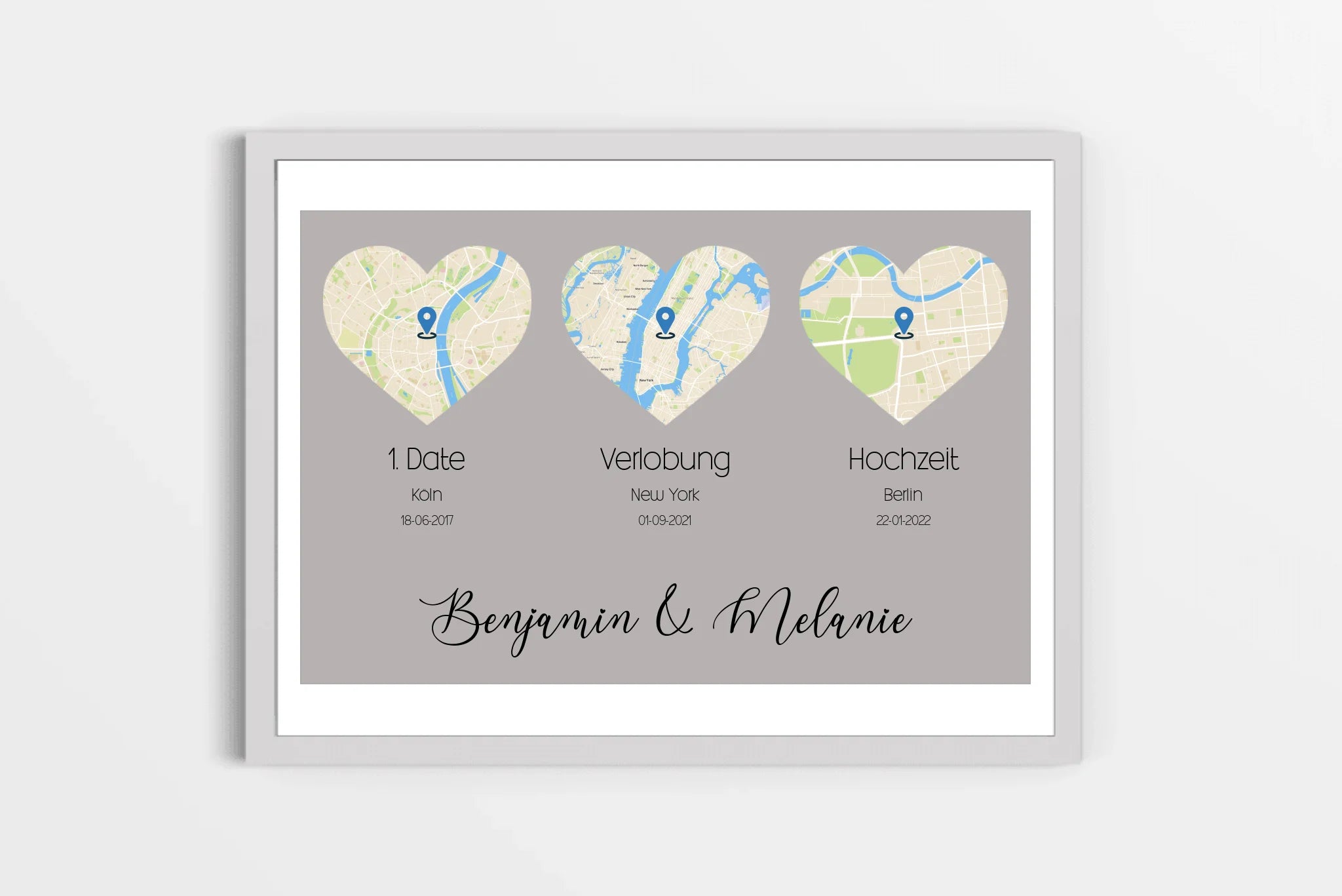 personalisiertes Karten Poster mit Herz - drei Orte