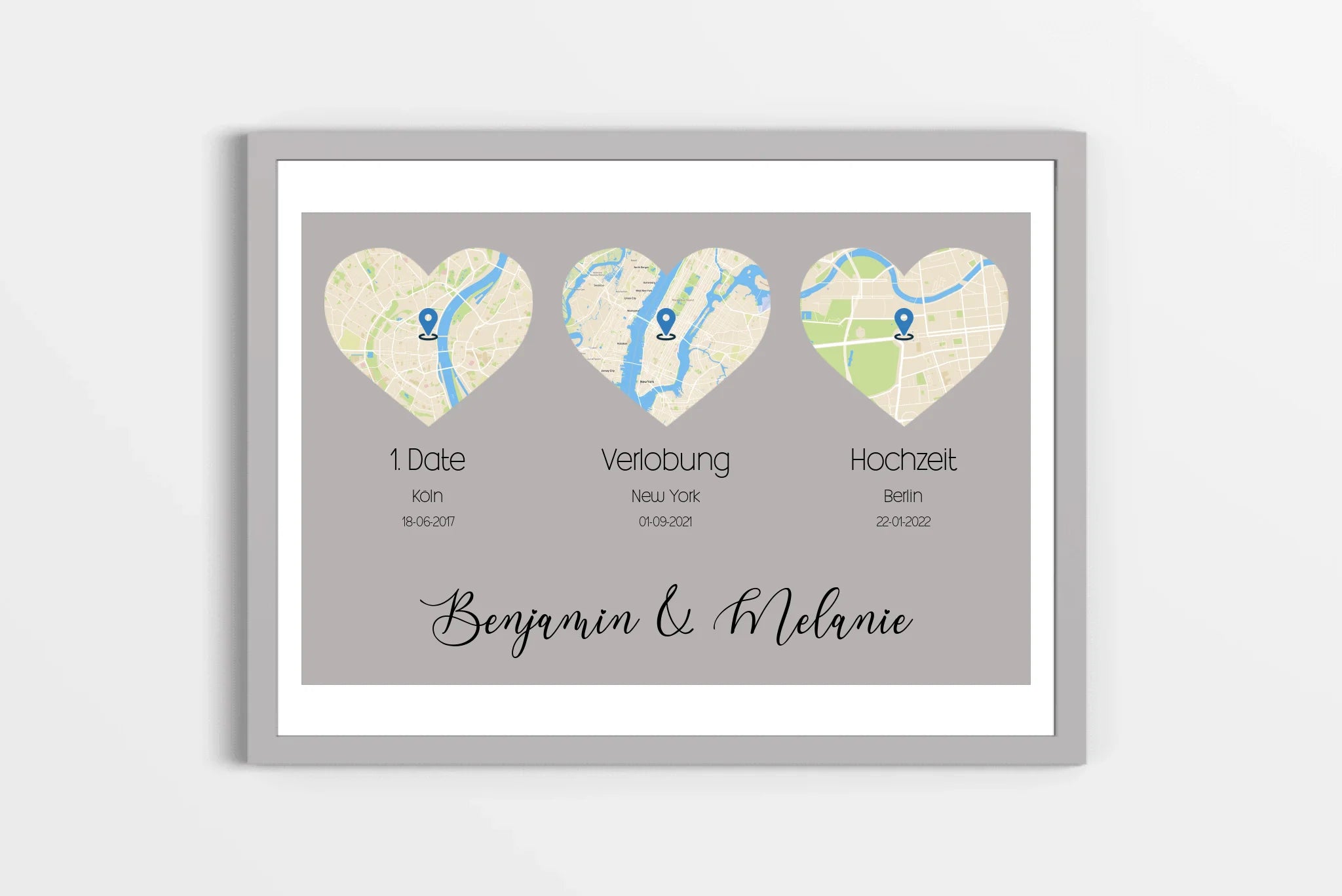 personalisiertes Karten Poster mit Herz - drei Orte
