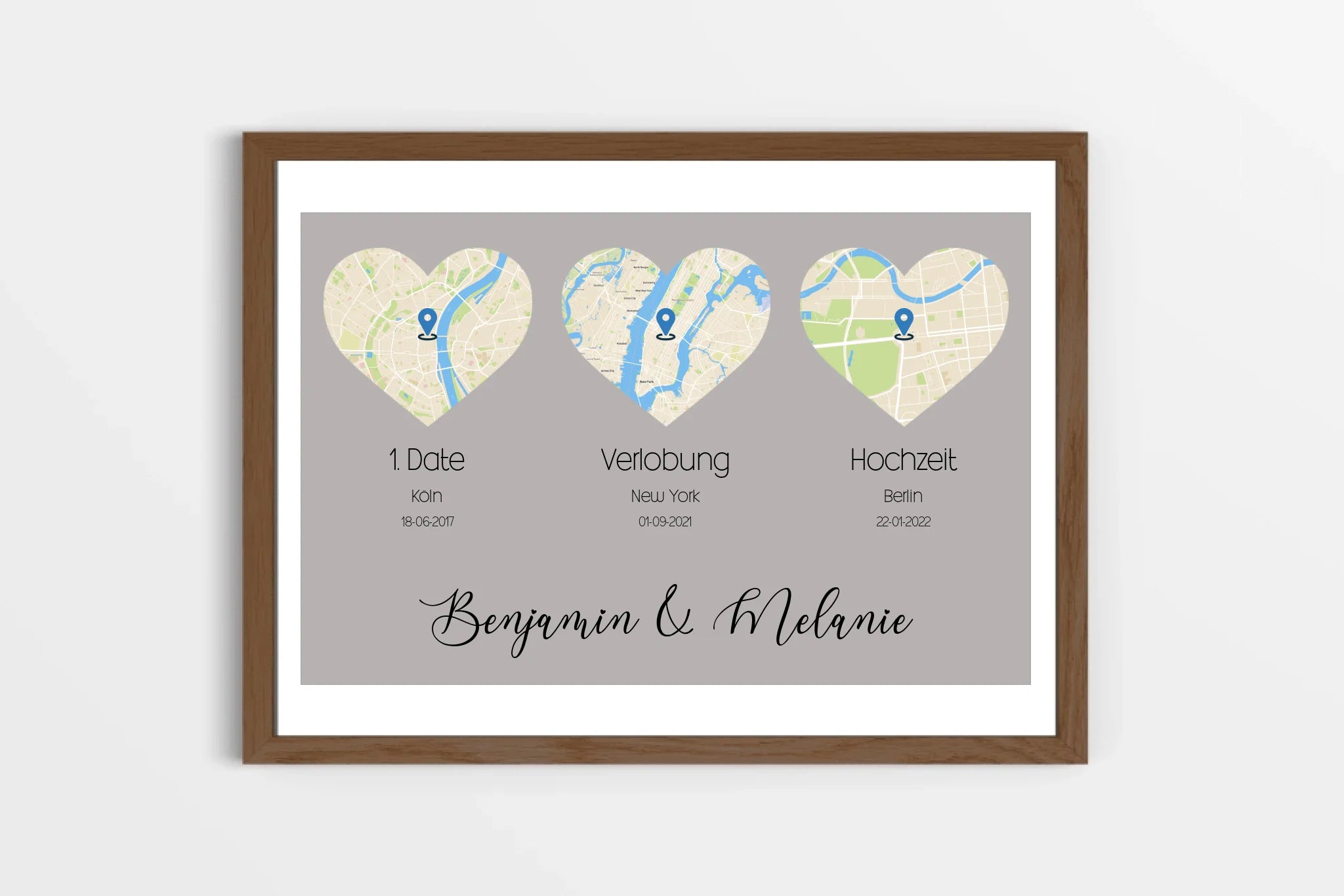 personalisiertes Karten Poster mit Herz - drei Orte