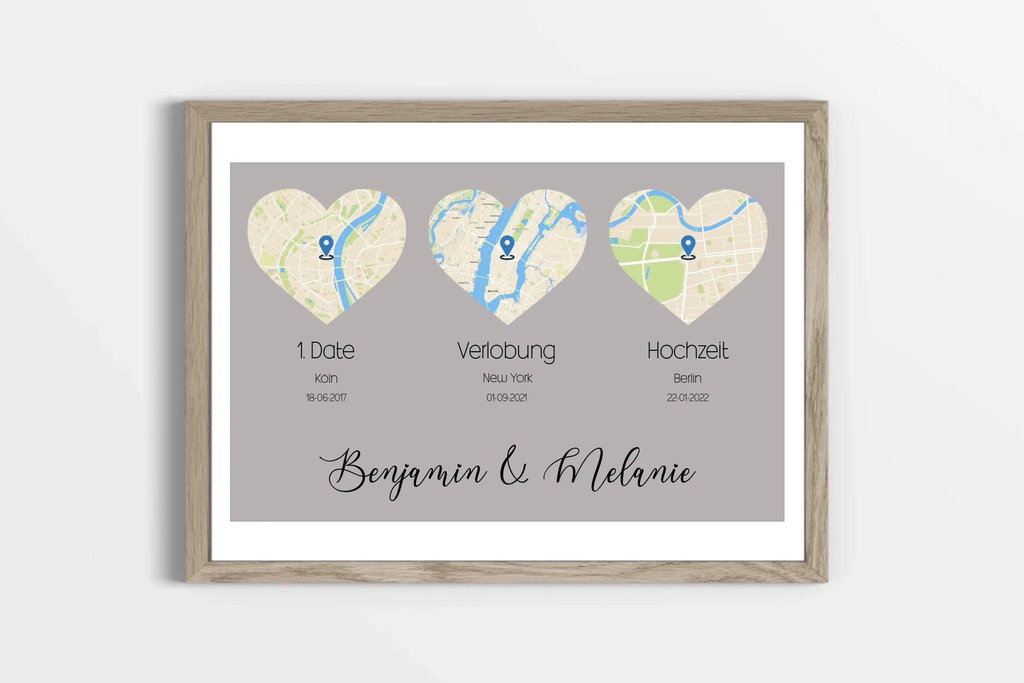 personalisiertes Karten Poster mit Herz - drei Orte
