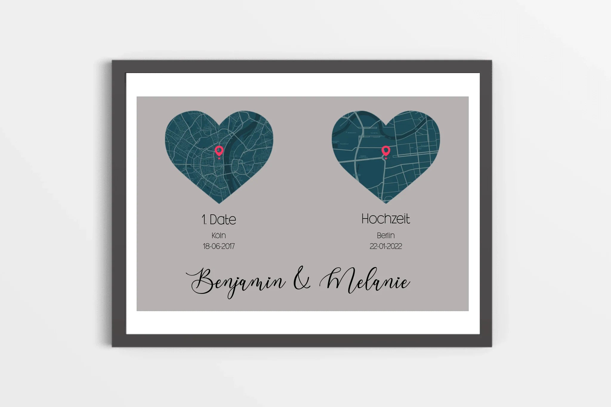personalisiertes Karten Poster mit Herz - zwei Orte