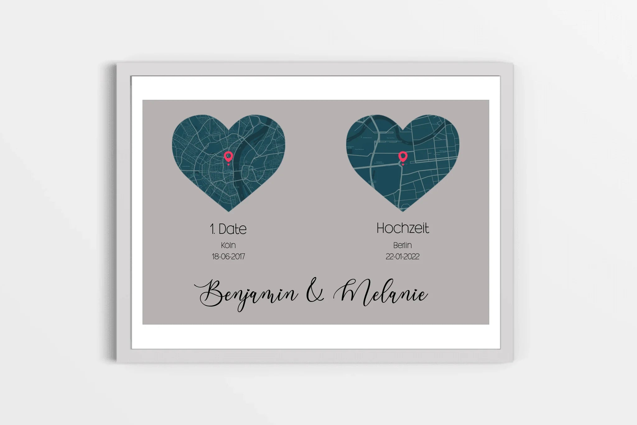 personalisiertes Karten Poster mit Herz - zwei Orte