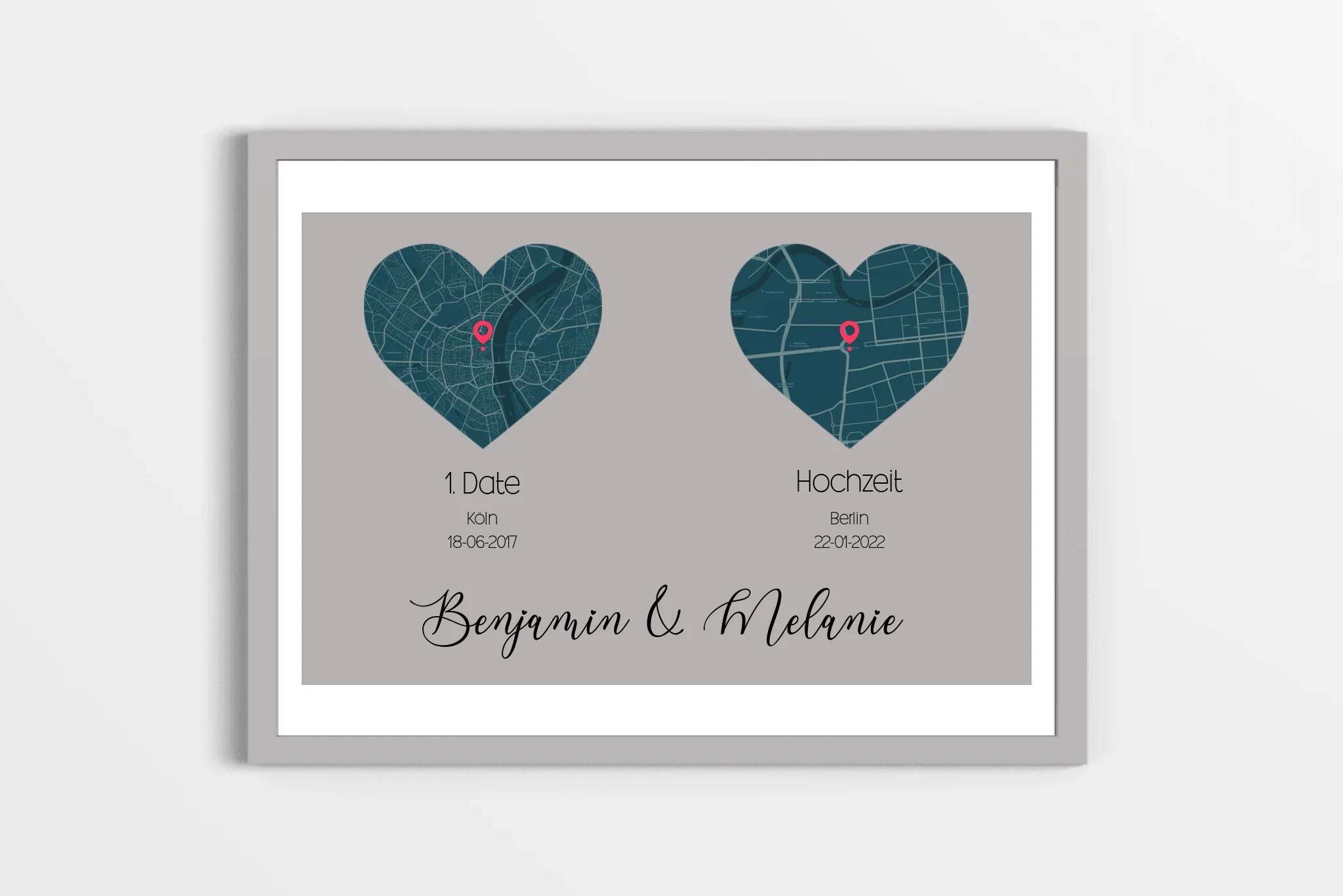 personalisiertes Karten Poster mit Herz - zwei Orte