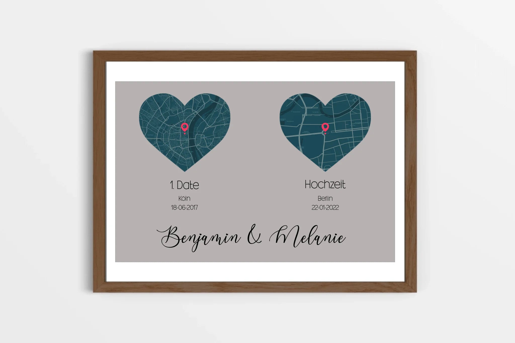 personalisiertes Karten Poster mit Herz - zwei Orte