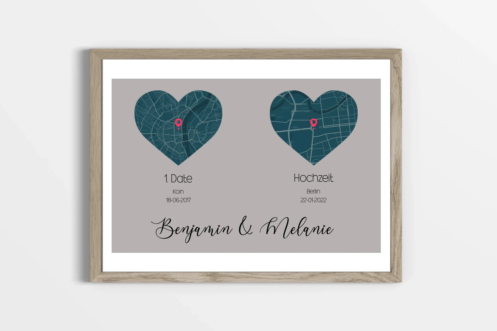 personalisiertes Karten Poster mit Herz - zwei Orte
