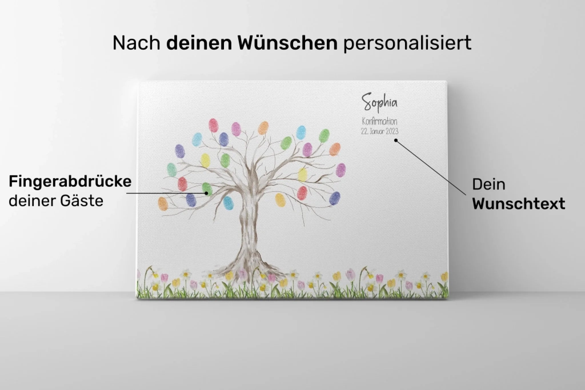 Personalisiertes Fingerabdruck Poster • Baum Motiv für Kommunion, Konfirmation, Taufe oder Geburtstag • Mit Namen und Datum