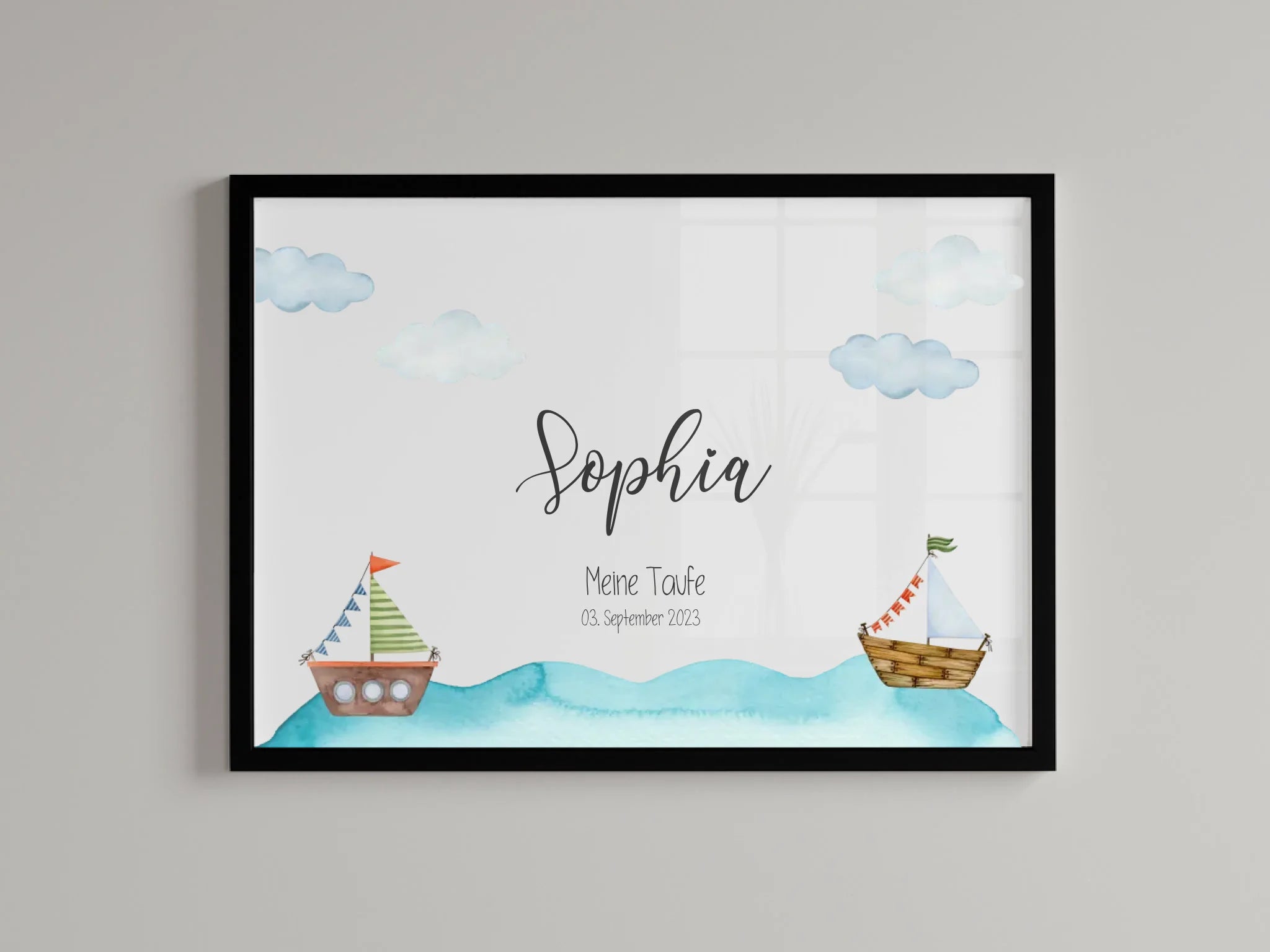Fingerabdruck Gästebuch zur Taufe • Personalisiertes Taufposter mit Schiffen auf dem Meer • Erinnerung mit Name und Datum