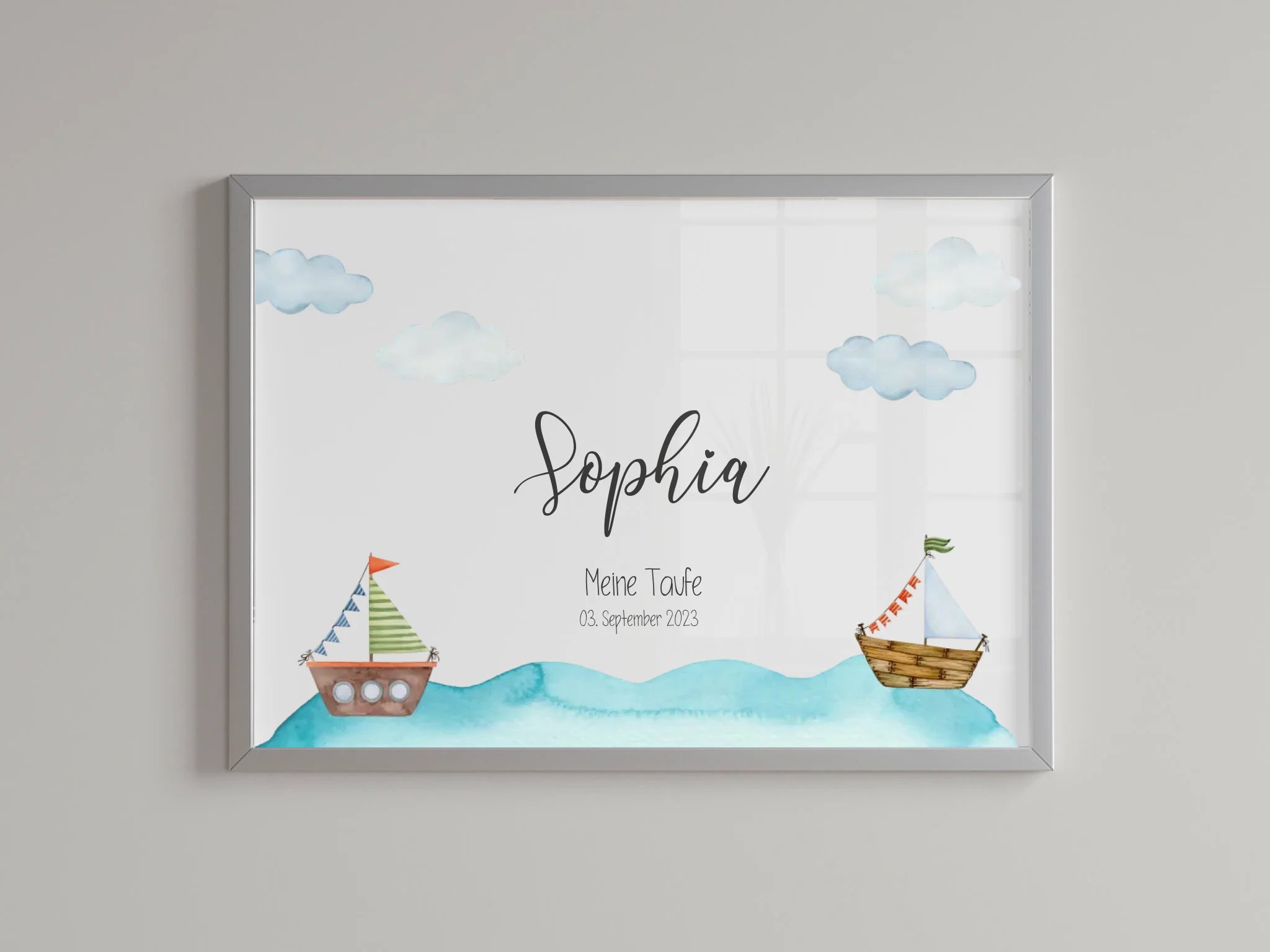 Fingerabdruck Gästebuch zur Taufe • Personalisiertes Taufposter mit Schiffen auf dem Meer • Erinnerung mit Name und Datum