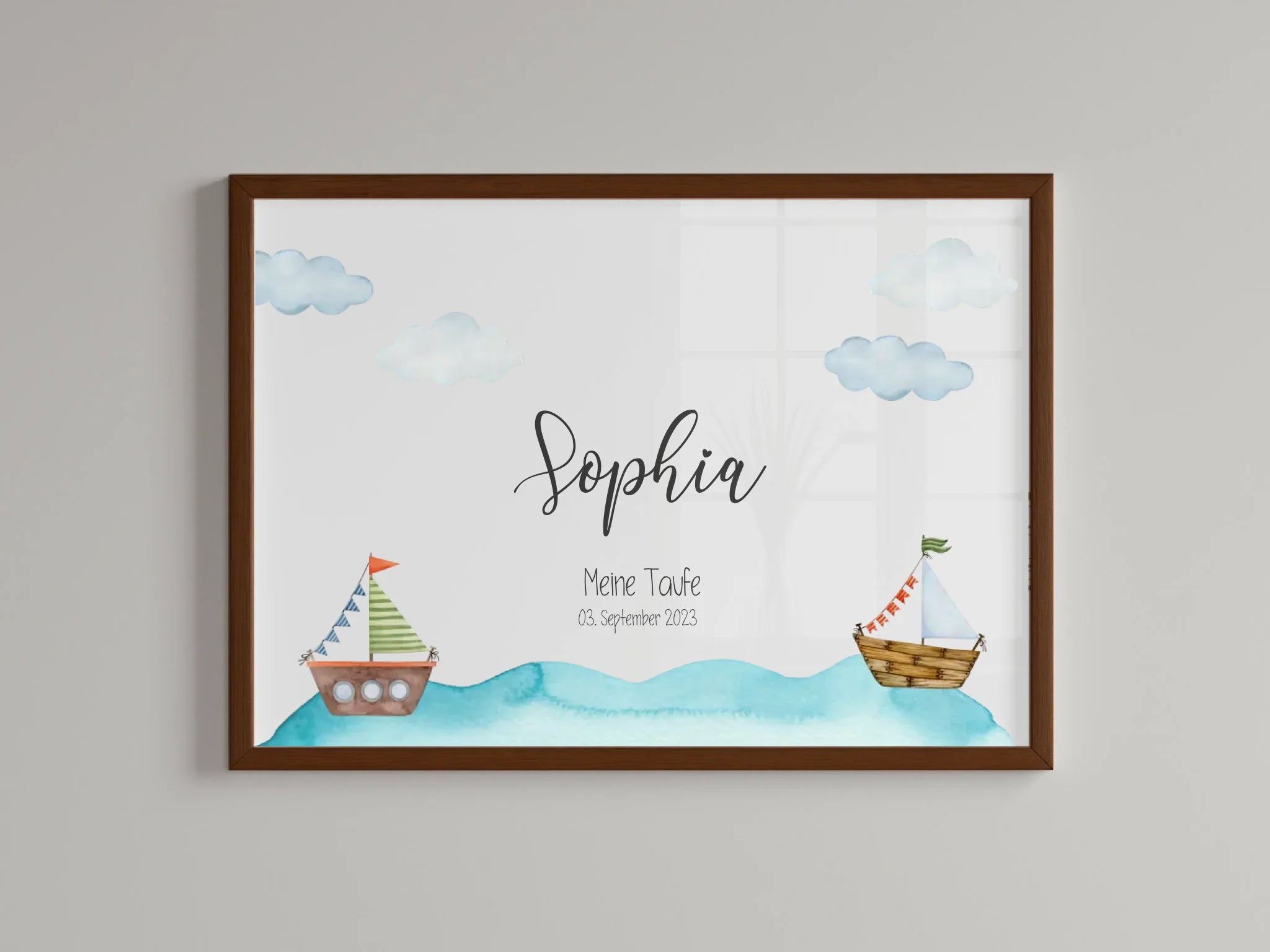 Fingerabdruck Gästebuch zur Taufe • Personalisiertes Taufposter mit Schiffen auf dem Meer • Erinnerung mit Name und Datum