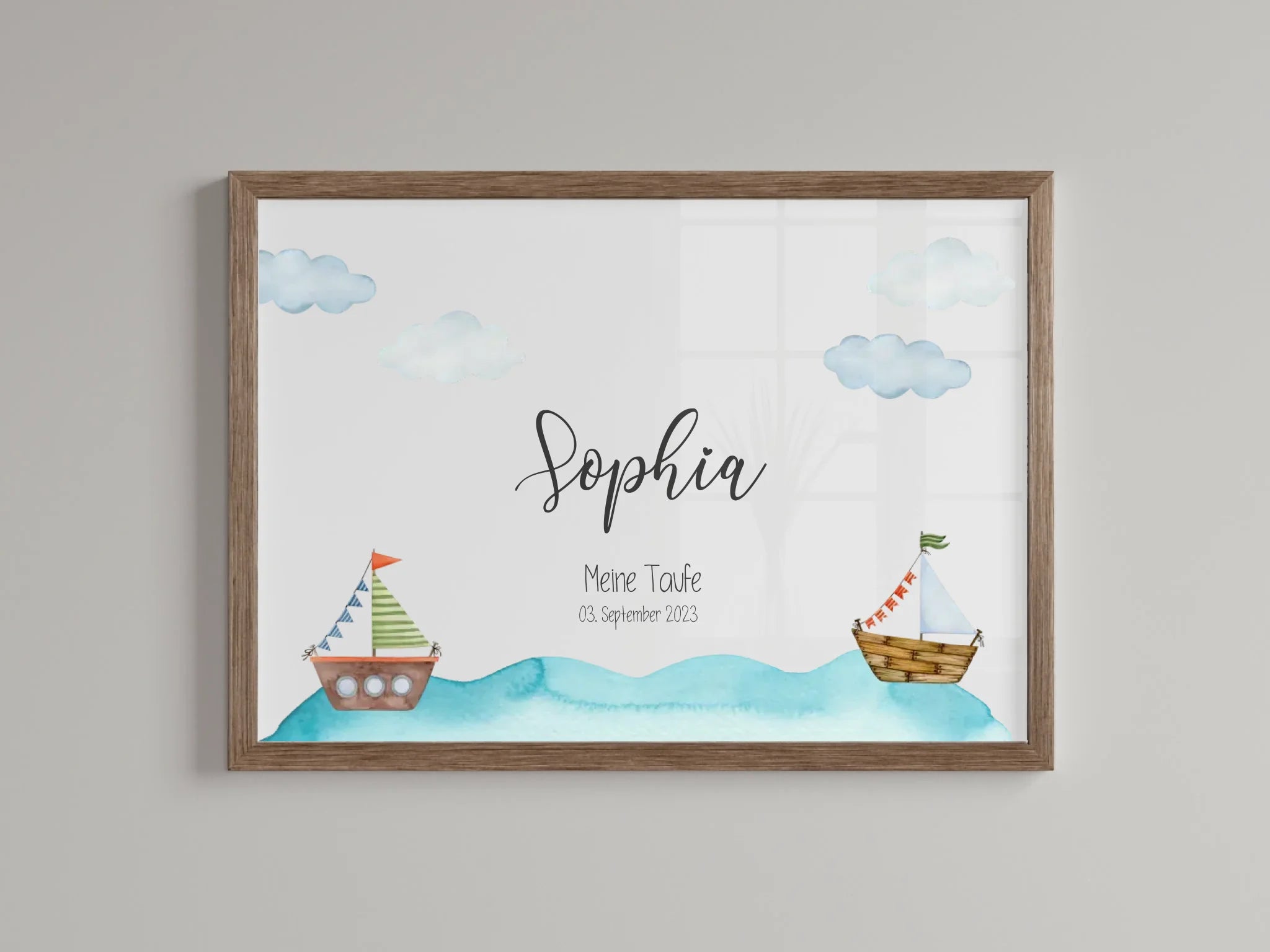 Fingerabdruck Gästebuch zur Taufe • Personalisiertes Taufposter mit Schiffen auf dem Meer • Erinnerung mit Name und Datum