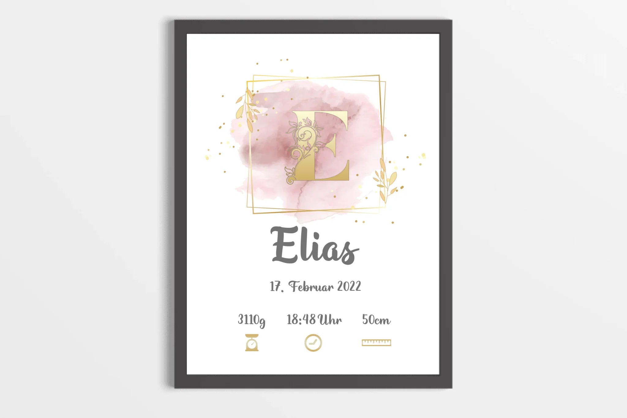 Individuelles Babybild mit Initiale • Name, Datum, Gewicht & Größe • Personalisiertes Geschenk zur Geburt