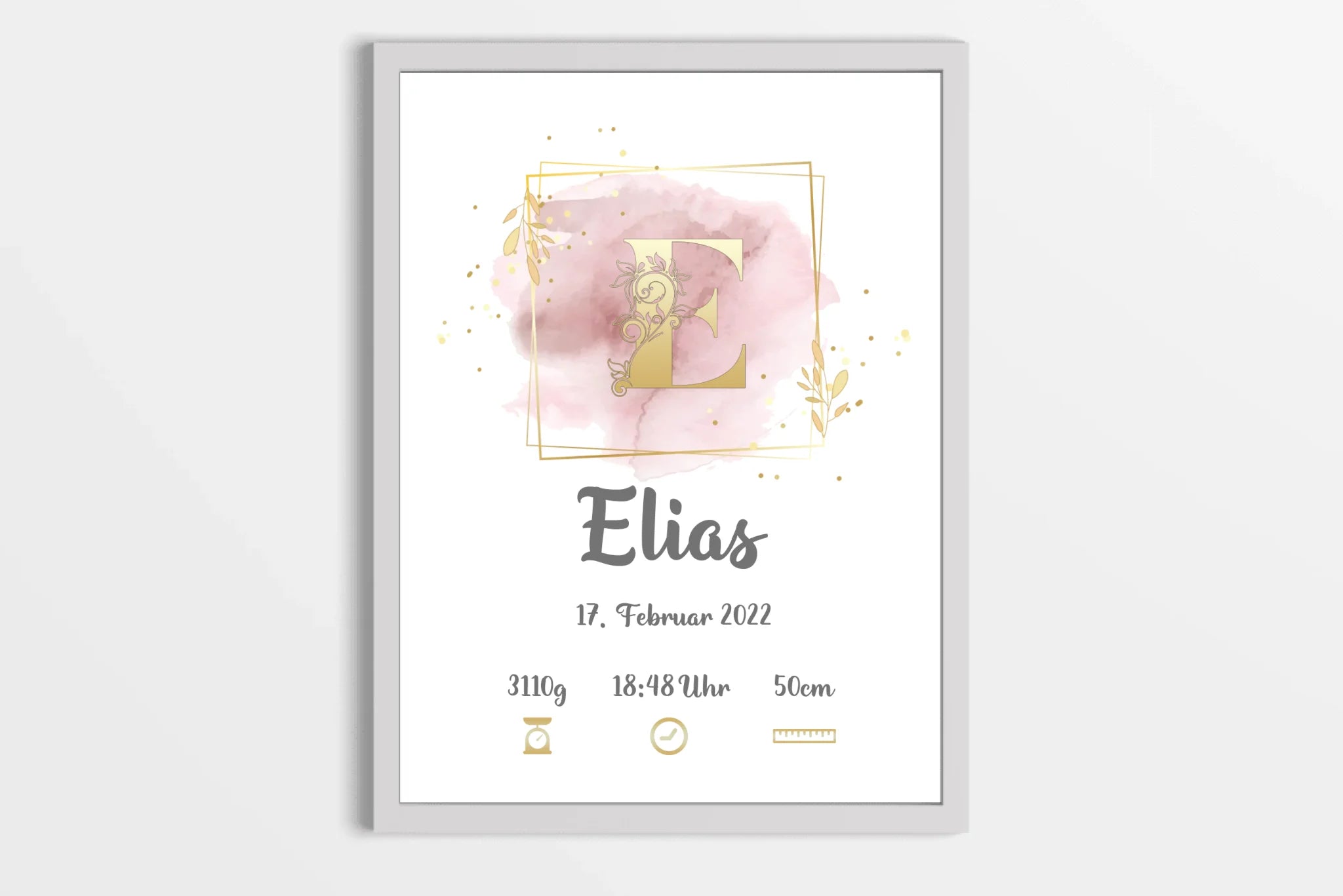 Individuelles Babybild mit Initiale • Name, Datum, Gewicht & Größe • Personalisiertes Geschenk zur Geburt