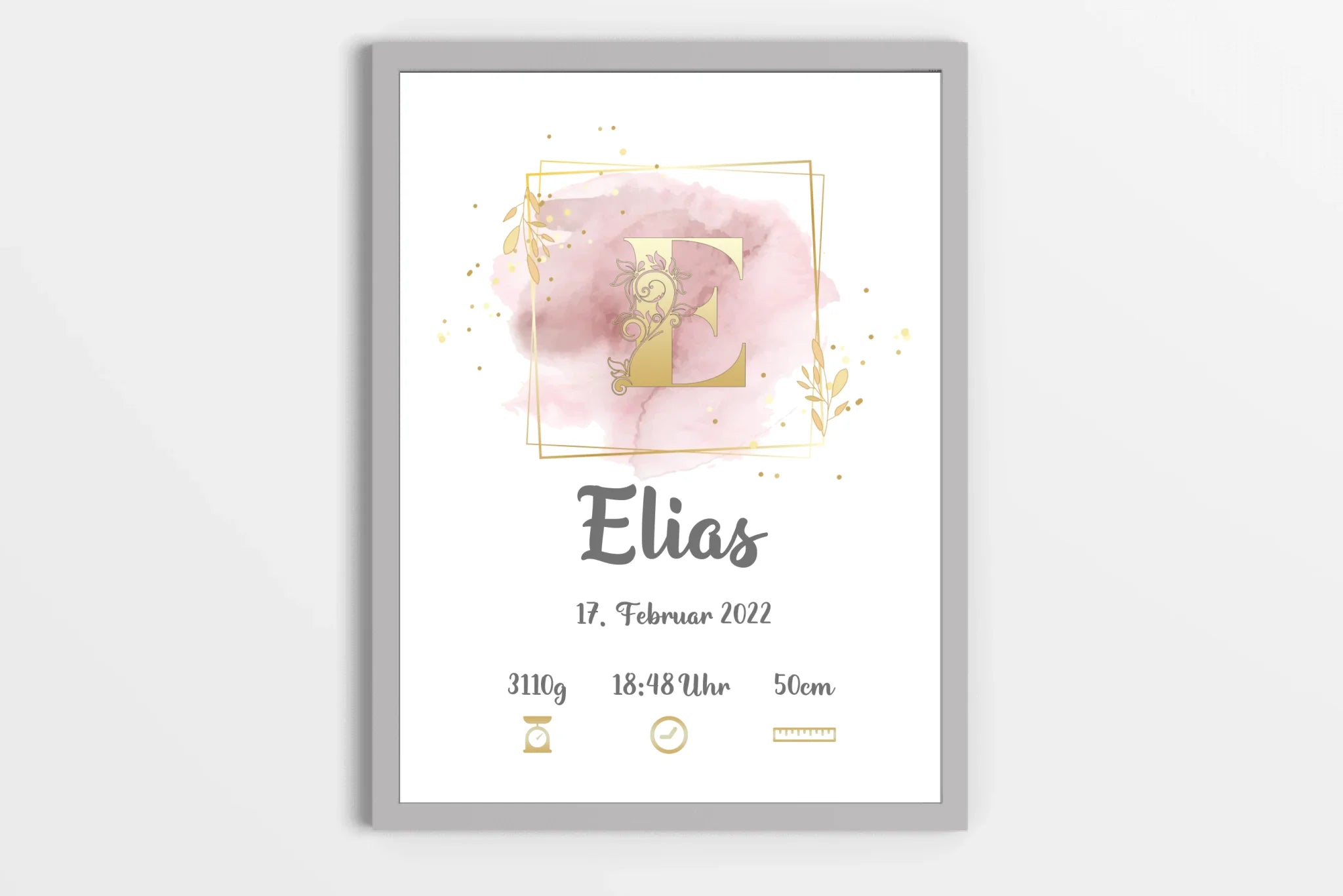 Individuelles Babybild mit Initiale • Name, Datum, Gewicht & Größe • Personalisiertes Geschenk zur Geburt
