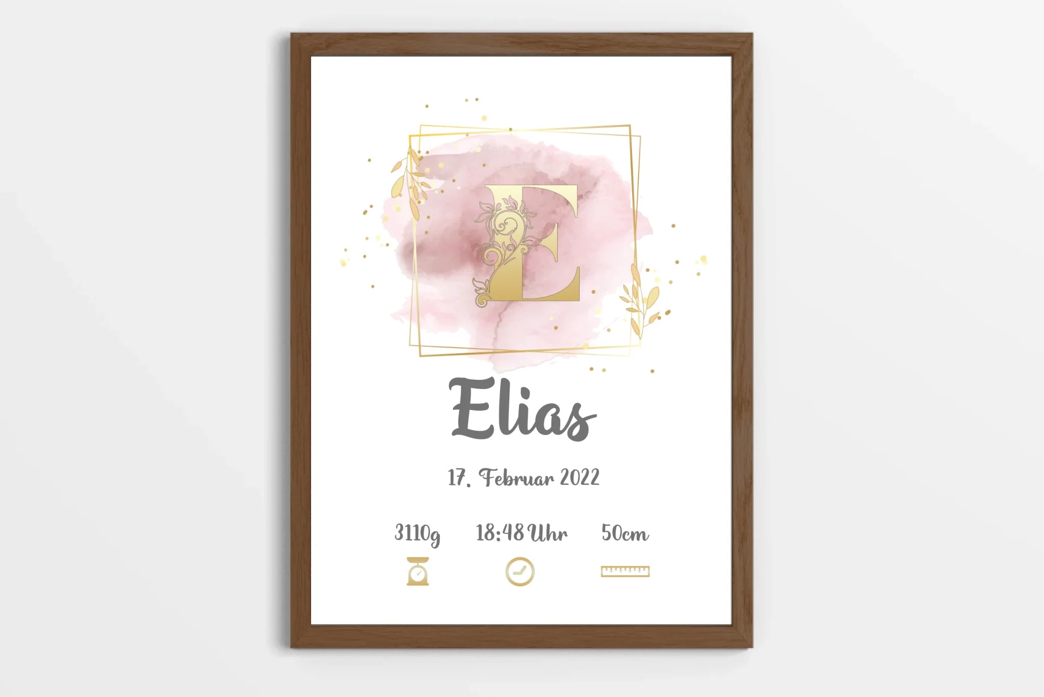 Individuelles Babybild mit Initiale • Name, Datum, Gewicht & Größe • Personalisiertes Geschenk zur Geburt