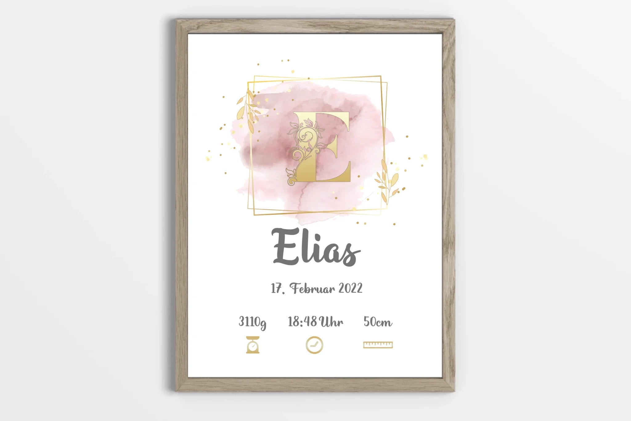 Individuelles Babybild mit Initiale • Name, Datum, Gewicht & Größe • Personalisiertes Geschenk zur Geburt