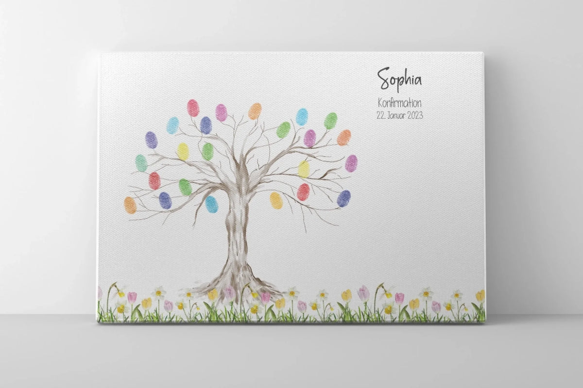 Leinwand mit buntem Fingerabdruckbaum, Blumenwiese und dem Namen Sophia sowie Kommunion und Datum - Feed