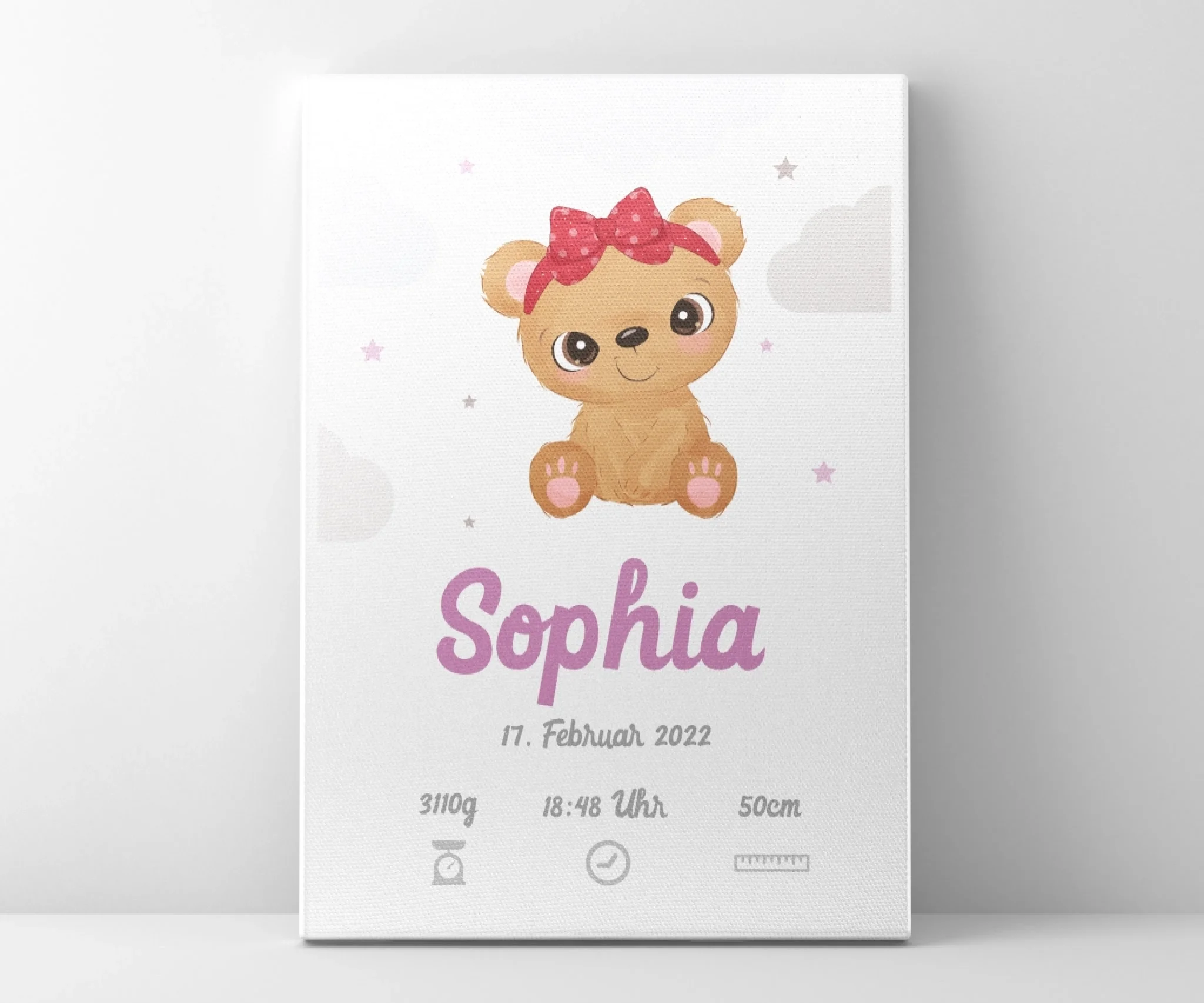 Personalisierte Poster mit Babybär, Name und Datum, für ein Geburtsbild als Leinwanddruck Feed