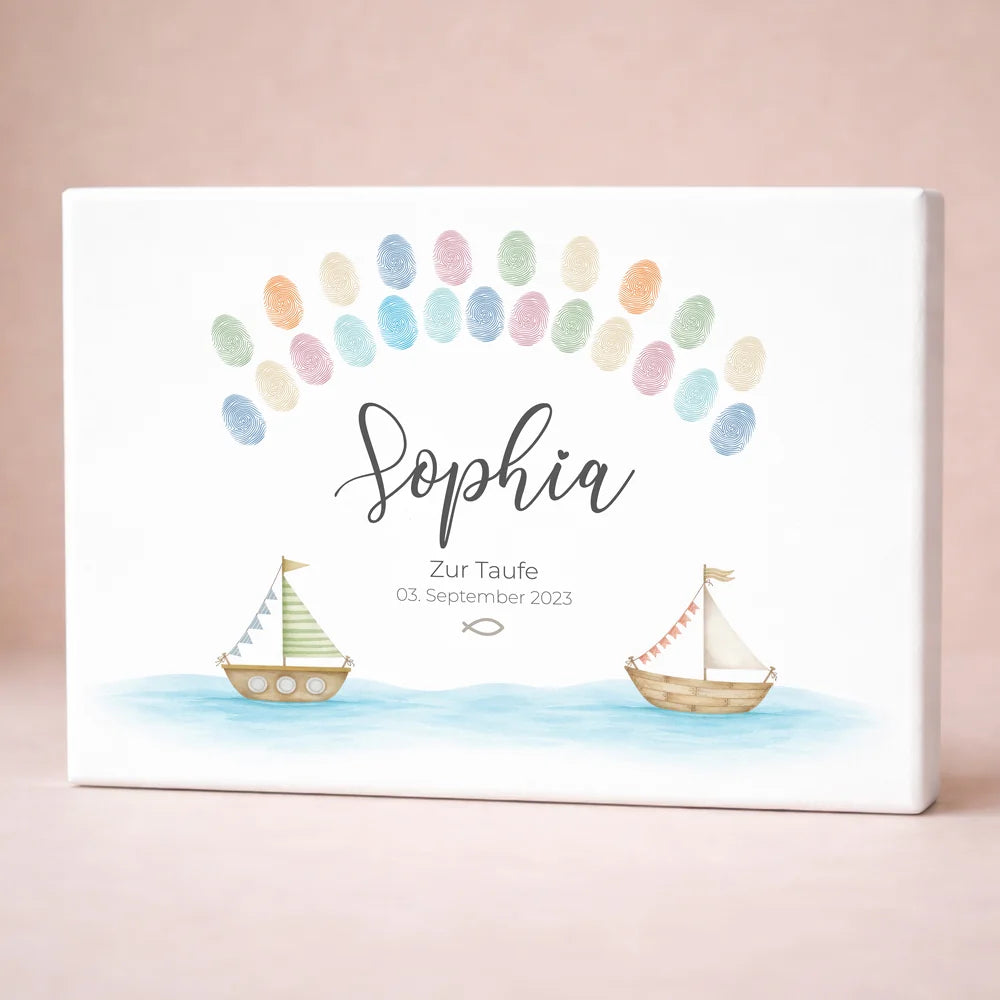 Fingerabdruck Gästebuch Taufe Schiff individuell gestaltet von lovely Art als Leinwand mit Fingerabdruck Gästebuch Taufe