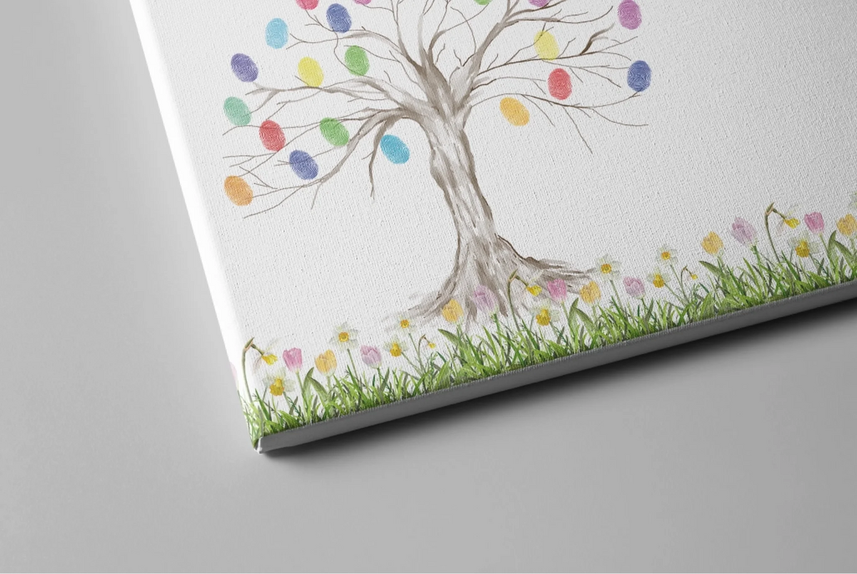 Gästebuch Leinwand mit Baum, bunten Blättern und einer Blumenwiese am unteren Rand - Feed