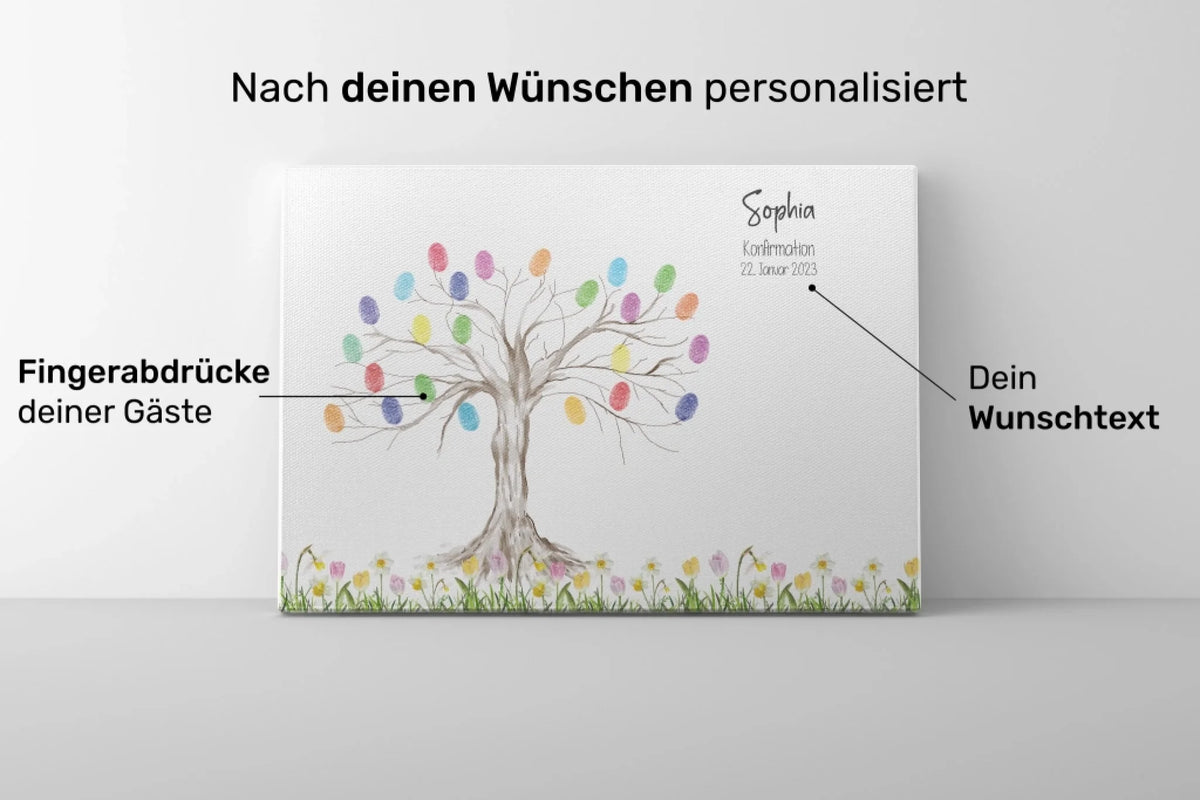 Fingerabdruck Gästebuch als Leinwand mit Baum, bunten Fingerabdrücken, Namen und Datum sowie persönlichem Wunschtext