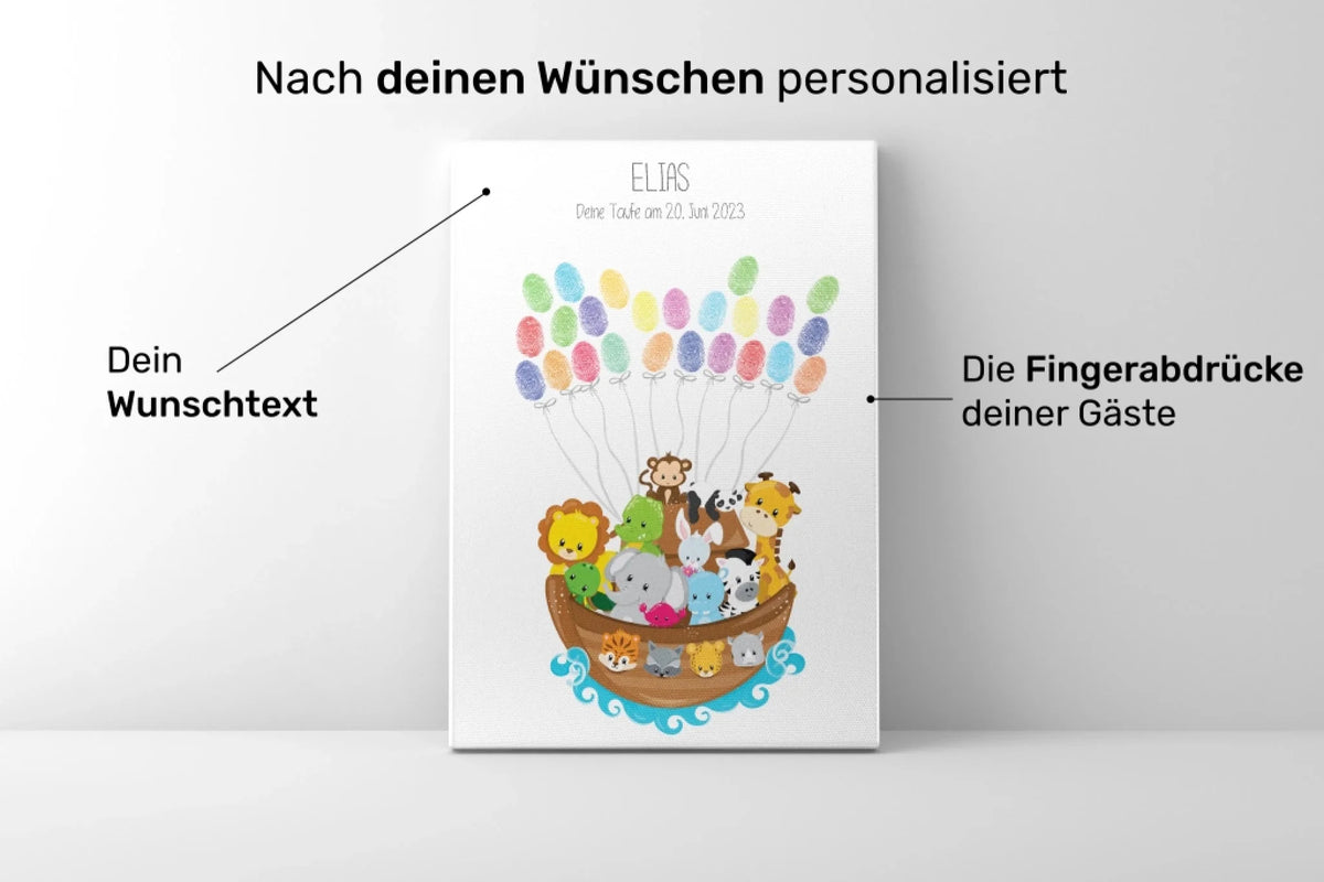 Personalisierte Gästebücher mit Fingerabdruck Gästebuch, Kinderillustration und Wunschtext, Datum steht auf der Seite