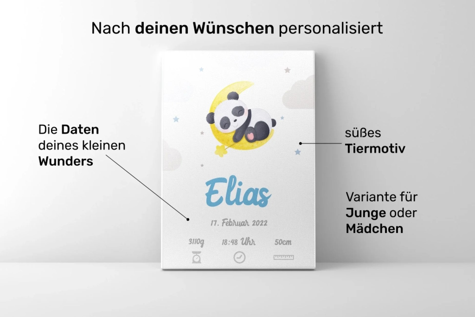 Personalisierte Poster mit Geburtsdaten, Tiermotiv, Panda auf Leinwand, für Babyzimmer, Variante für Mädchen