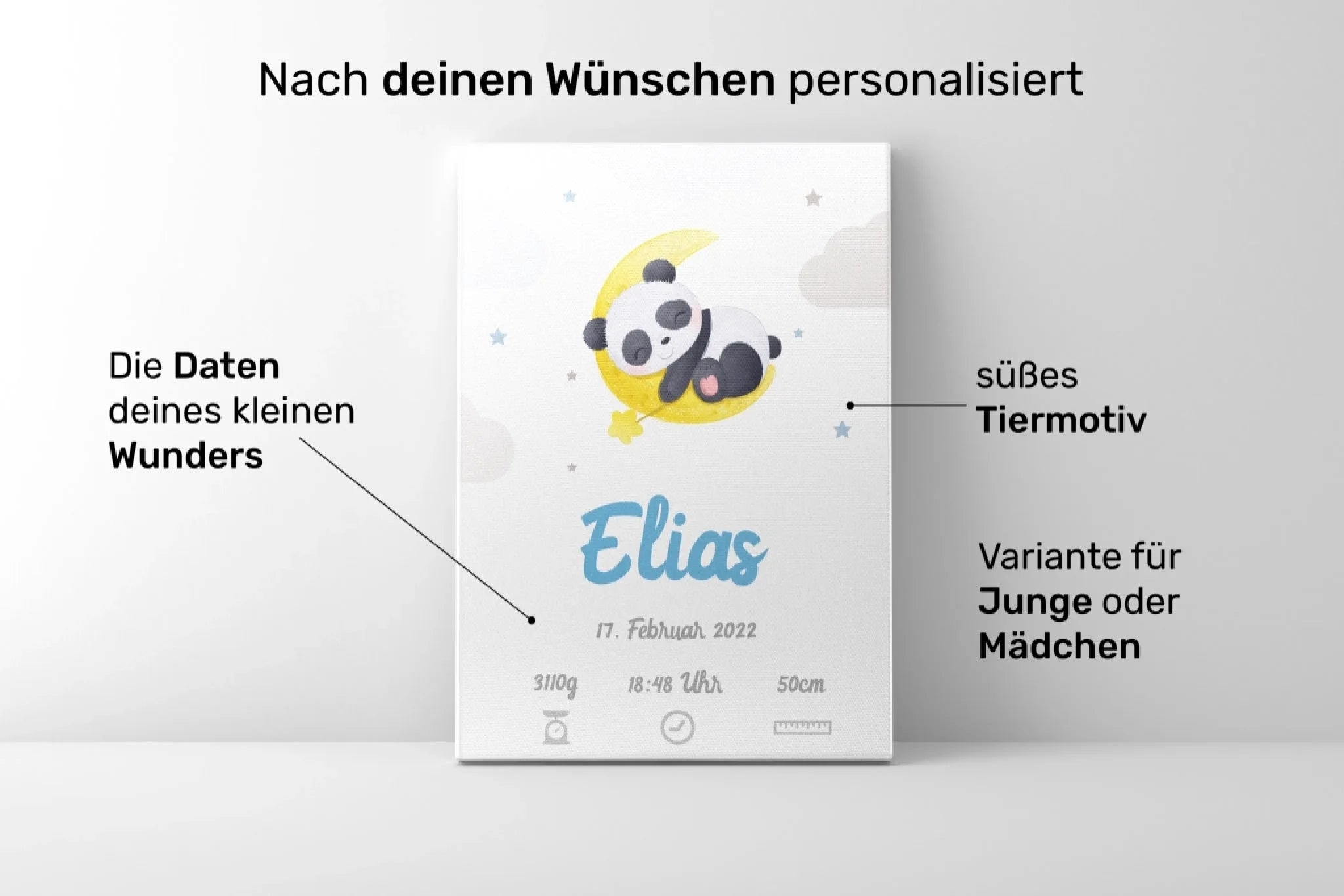 Personalisierte Poster mit Geburtsdaten, Tiermotiv, Panda auf Leinwand, für Babyzimmer, Variante für Mädchen