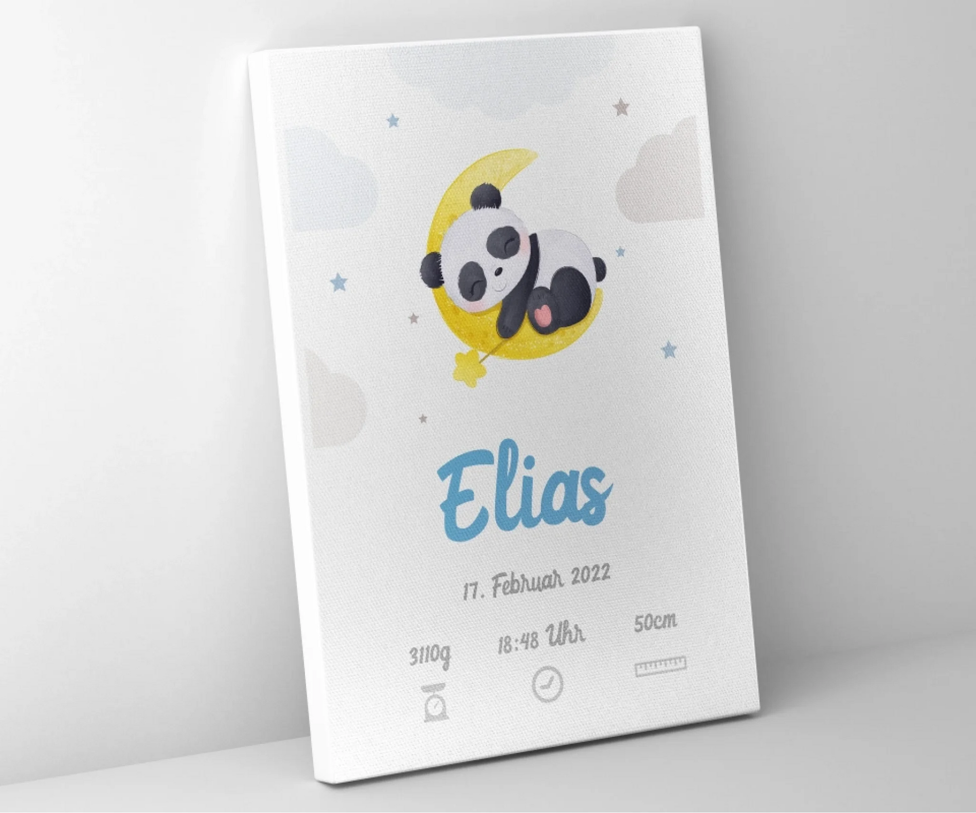 Leinwand mit süßem Panda im Mondlicht, personalisierte Poster mit Geburtsdaten und Tiermotiv Feed