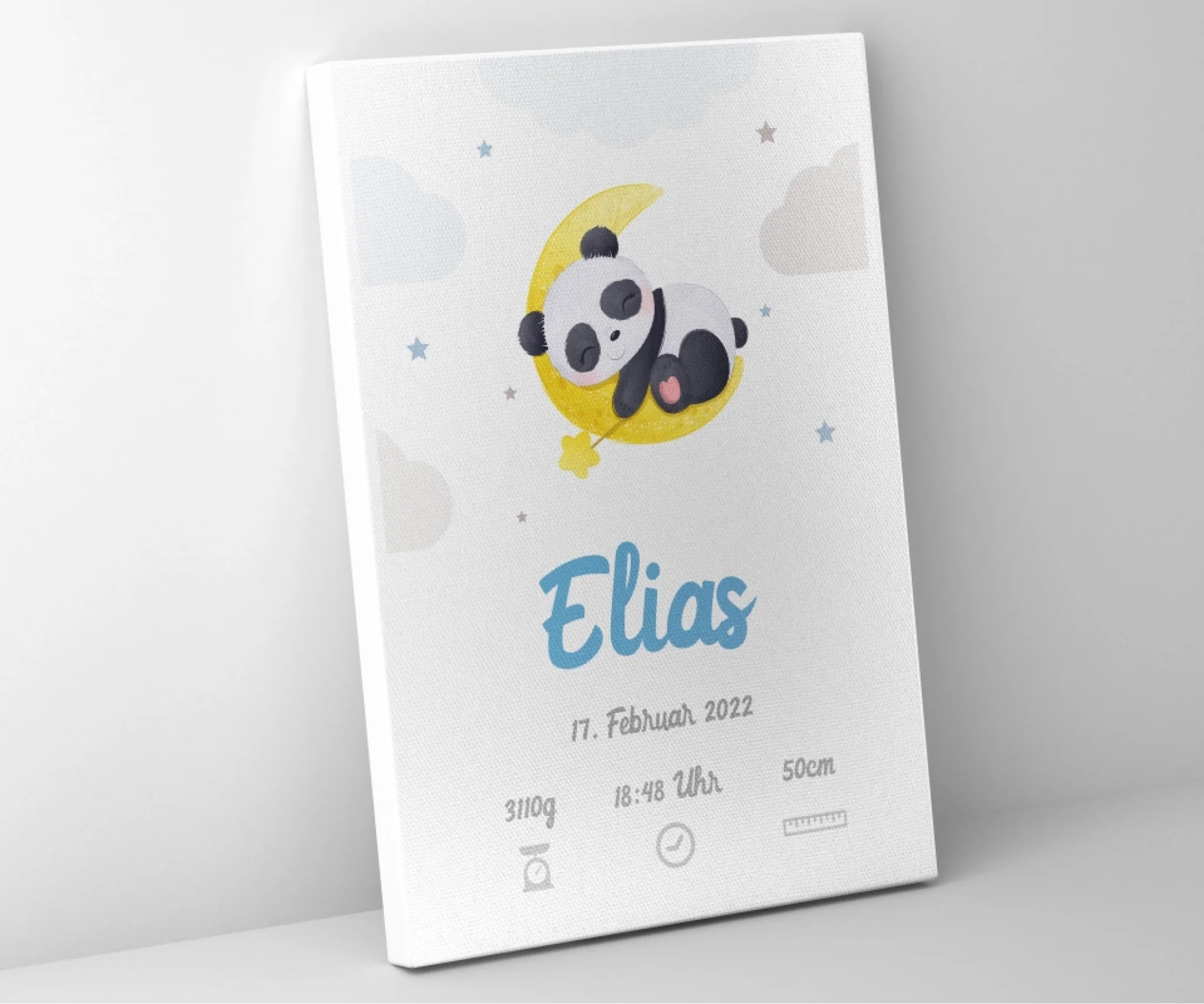 Leinwand mit süßem Panda im Mondlicht, personalisierte Poster mit Geburtsdaten und Tiermotiv Feed