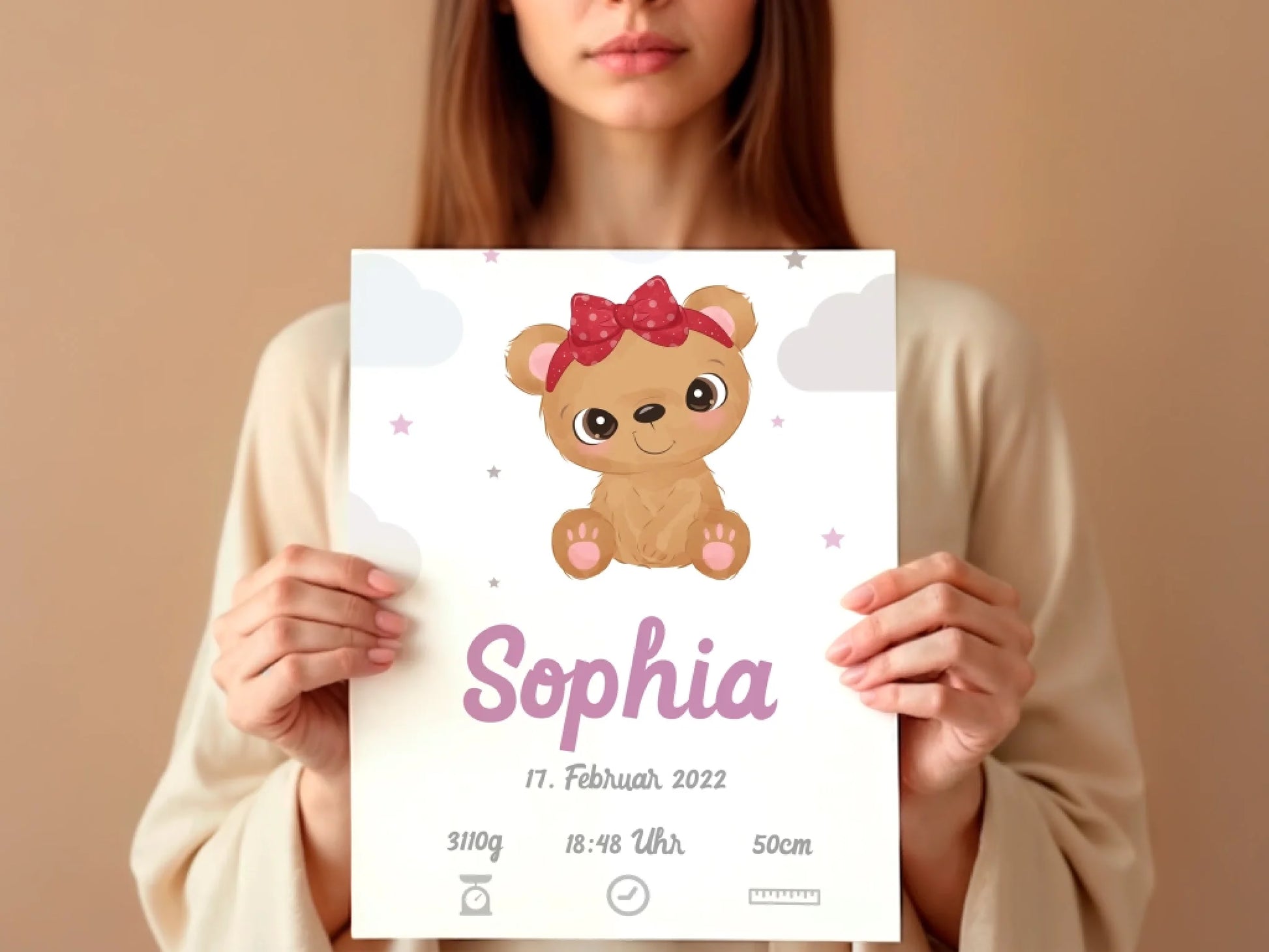 Personalisierte Poster mit Geburtsdaten und Tiermotiv, Leinwanddruck in Weiß mit rosa Schrift und Sternchen Feed