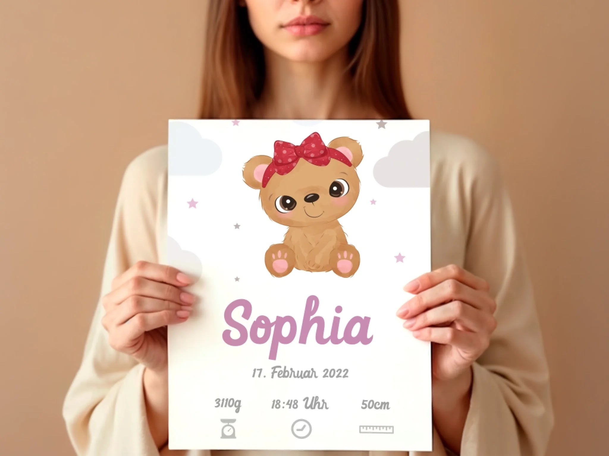 Personalisierte Poster mit Geburtsdaten und Tiermotiv, Leinwanddruck in Weiß mit rosa Schrift und Sternchen Feed