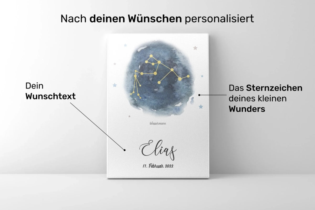 Personalisiertes Poster mit dem Namen Elif, Datum und blauem Sternbild eines Widders auf weißem Hintergrund