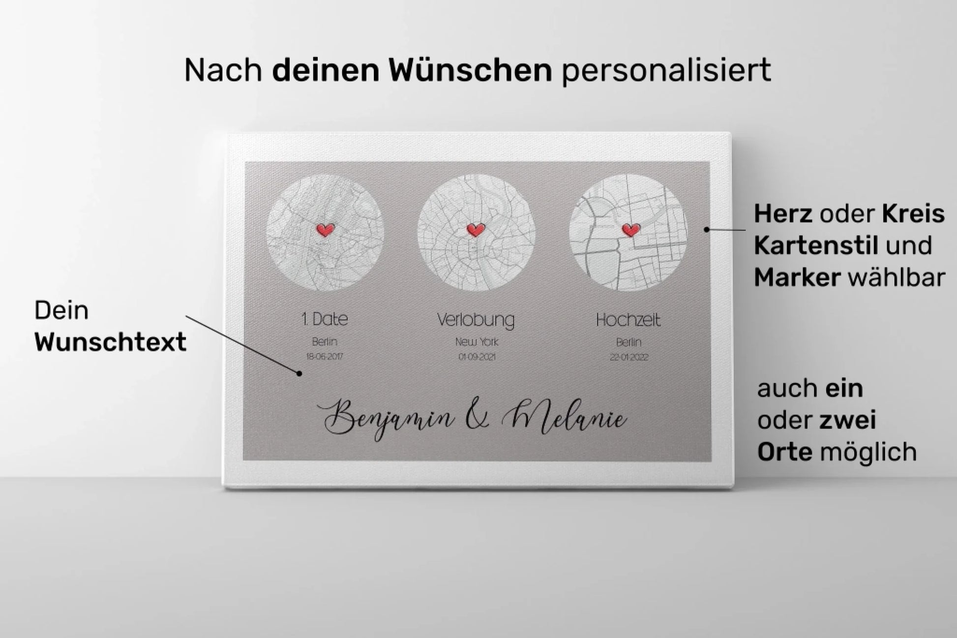 personalisiertes Karten Poster mit Herz drei Orte von lovely Art in Leinwand mit drei Ortskarten