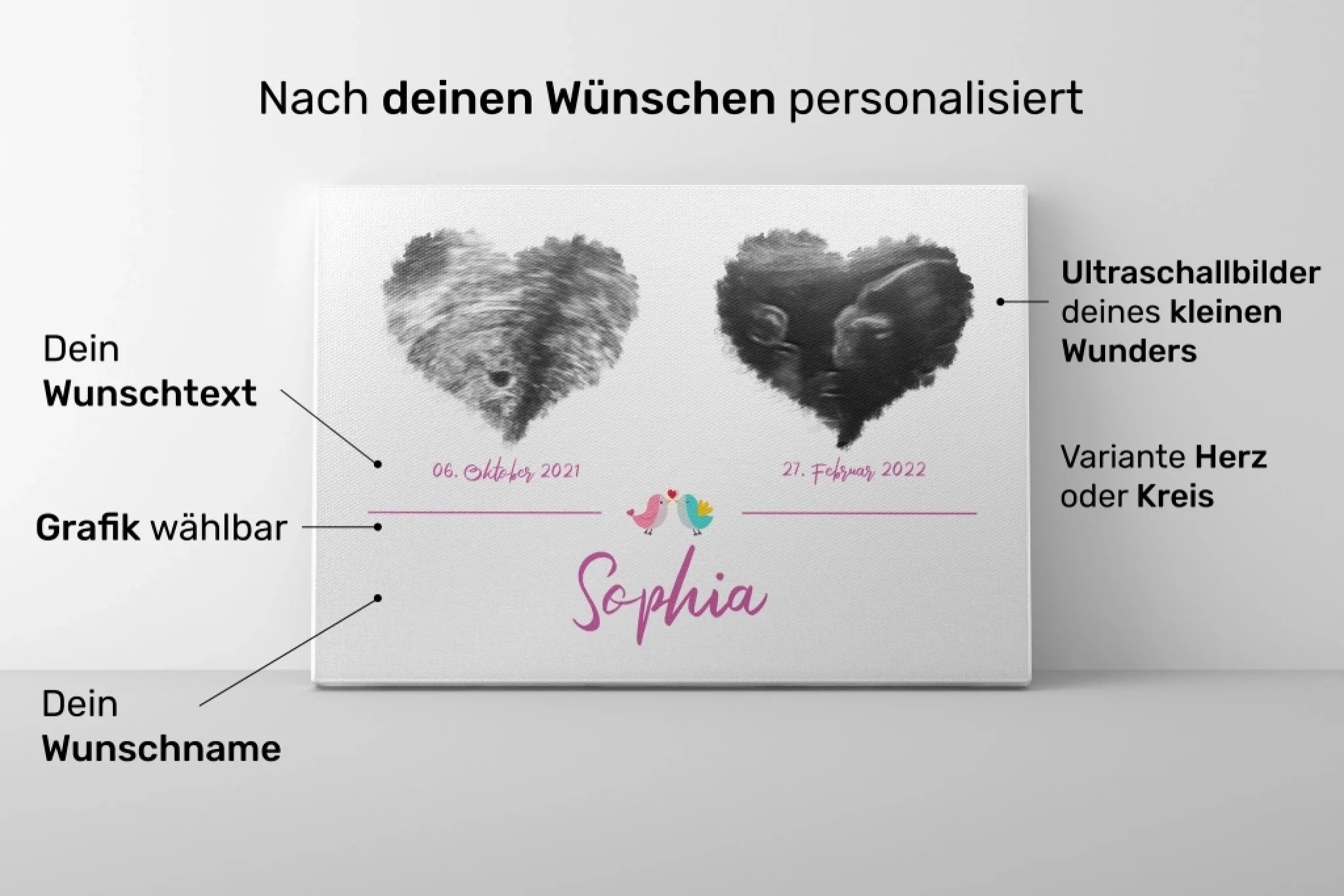 Ultraschallbild personalisiert zweifach mit Herz für Junge oder Mädchen von lovely Art als Leinwand