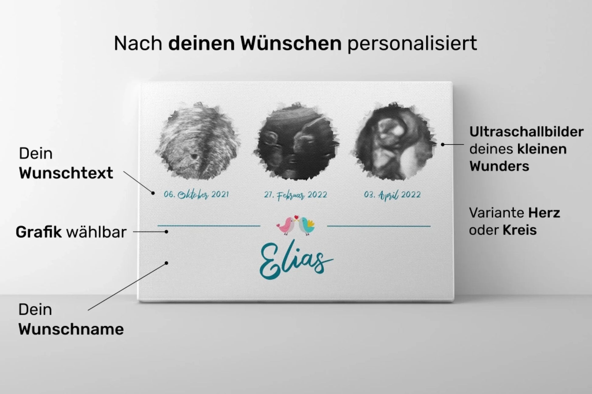 Ultraschallbild personalisiert dreifach für Junge oder Mädchen von lovely Art Leinwand mit drei Ultraschallbildern