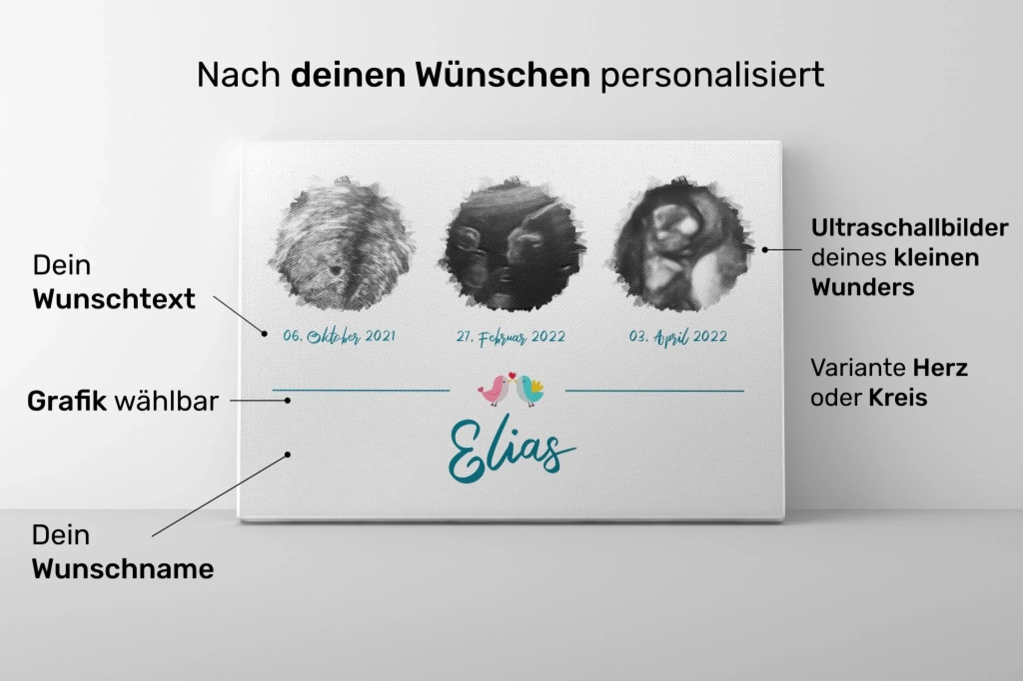 Ultraschallbild personalisiert dreifach für Junge oder Mädchen von lovely Art Leinwand mit drei Ultraschallbildern