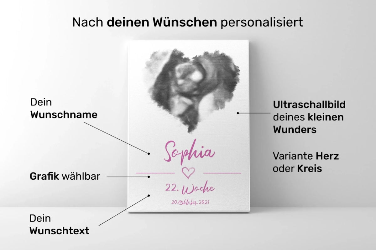 Personalisierte Erinnerungsbilder als Poster mit Namen und Datum, Ultraschallbild, Wunschname Sophia und Herzgrafik